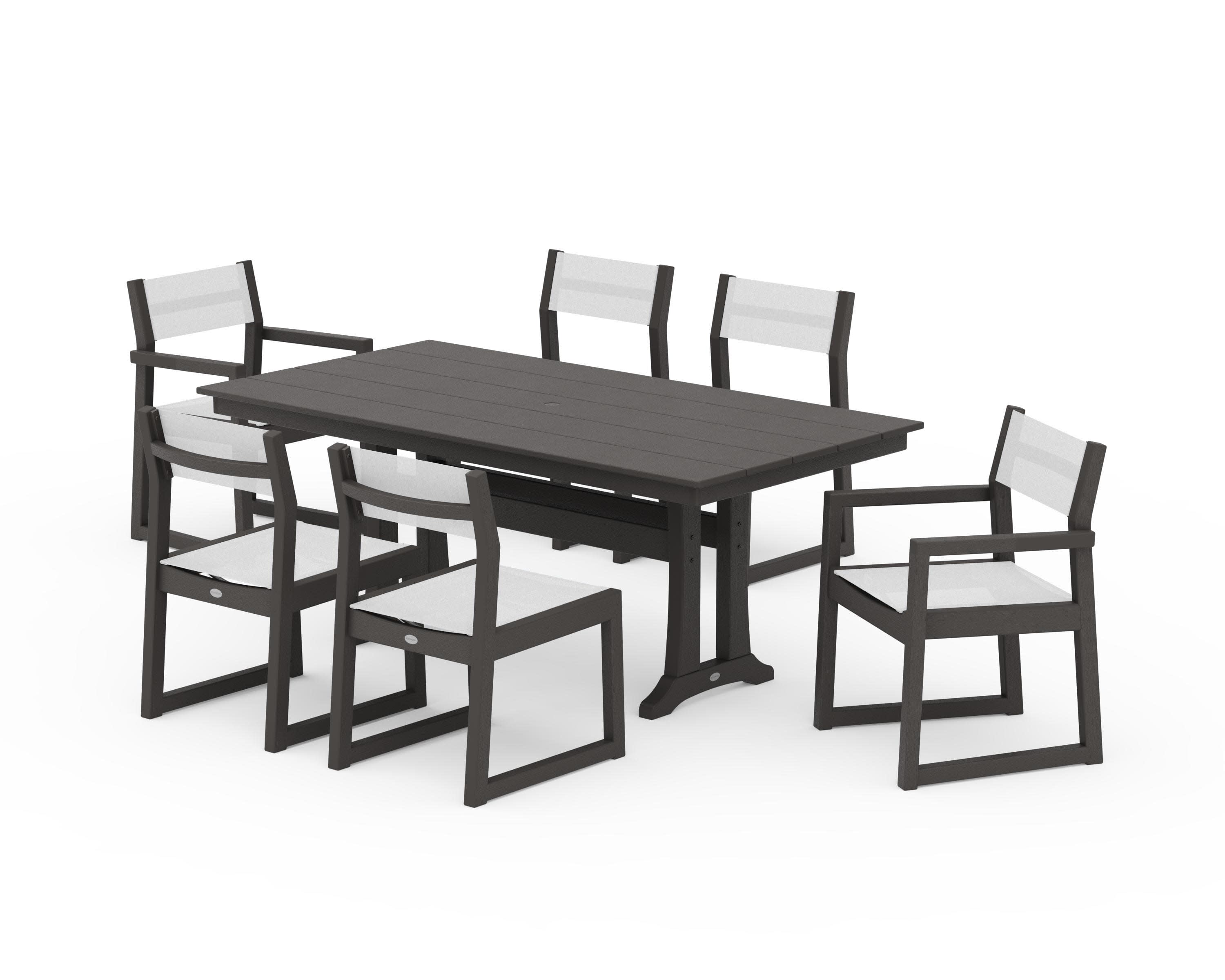 EDGE Sling 7-Piece Farmhouse Trestle Dining Set in Vintage Coffee / White Sling