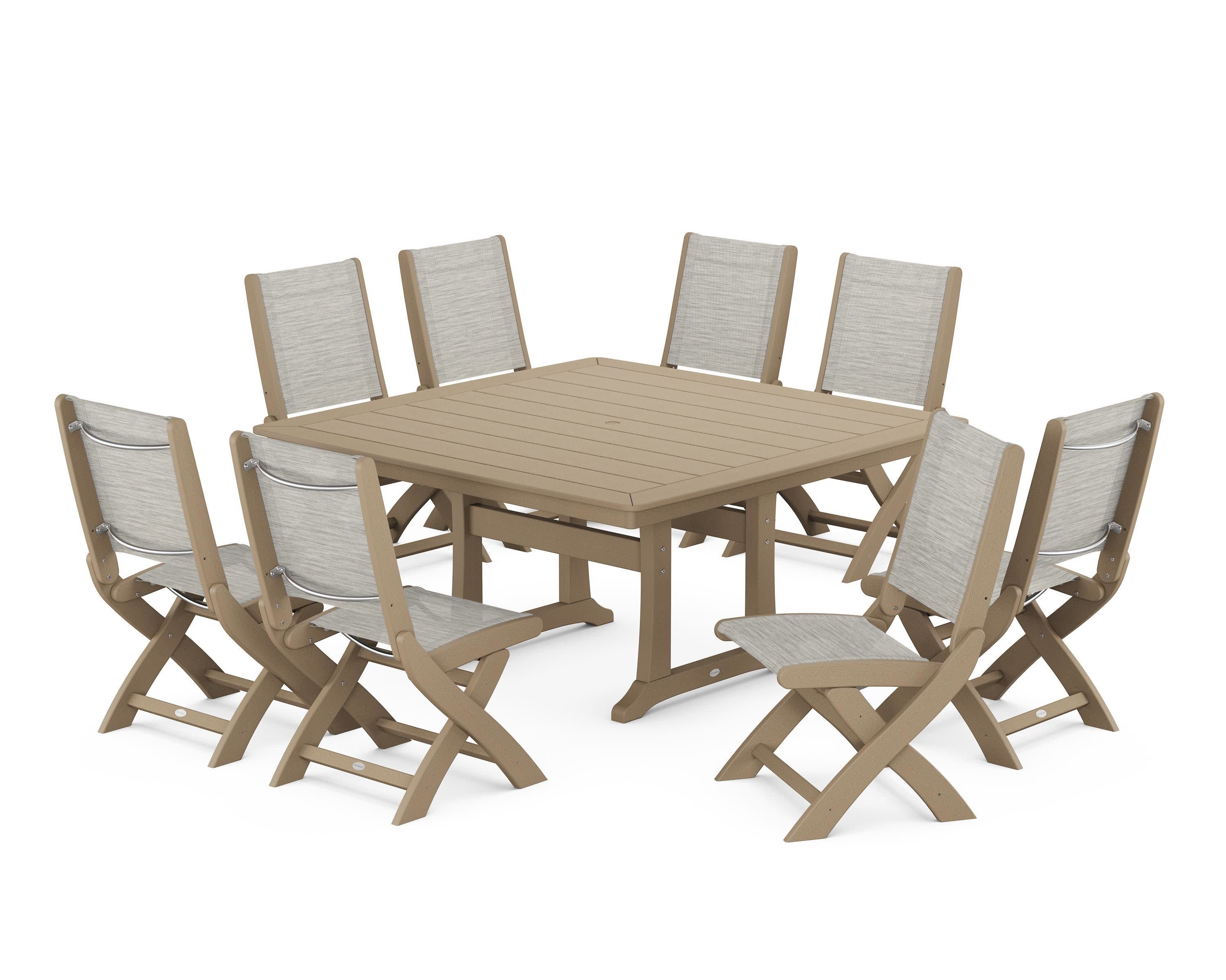 Coastal Folding Side Chair 9-Piece Dining Set with Trestle Legs in Vintage Sahara / Birch Sling