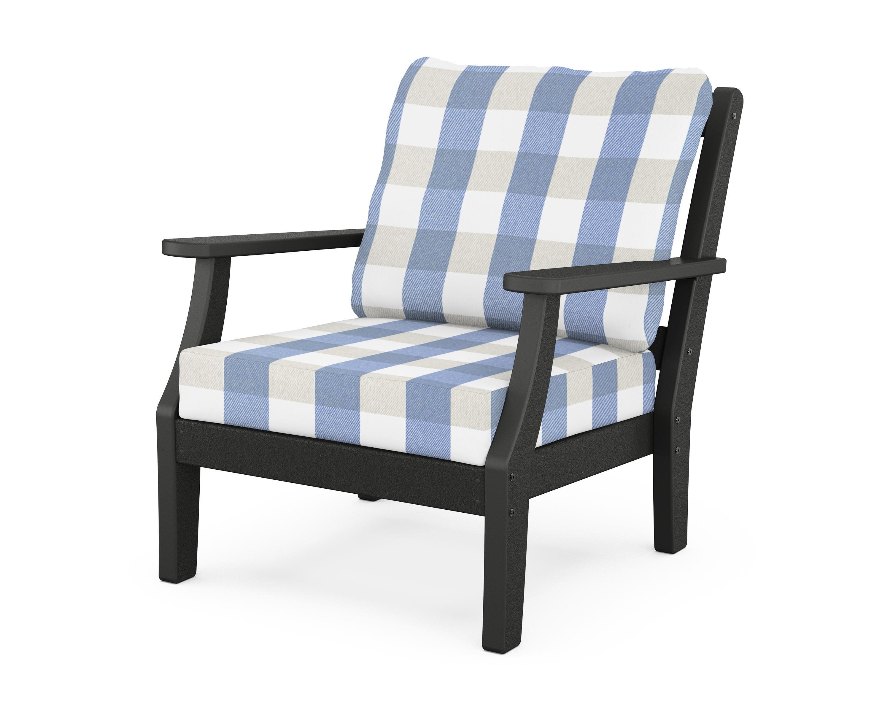 Chinoiserie Deep Seating Chair in Black / Buffalo Plaid Sky Blue