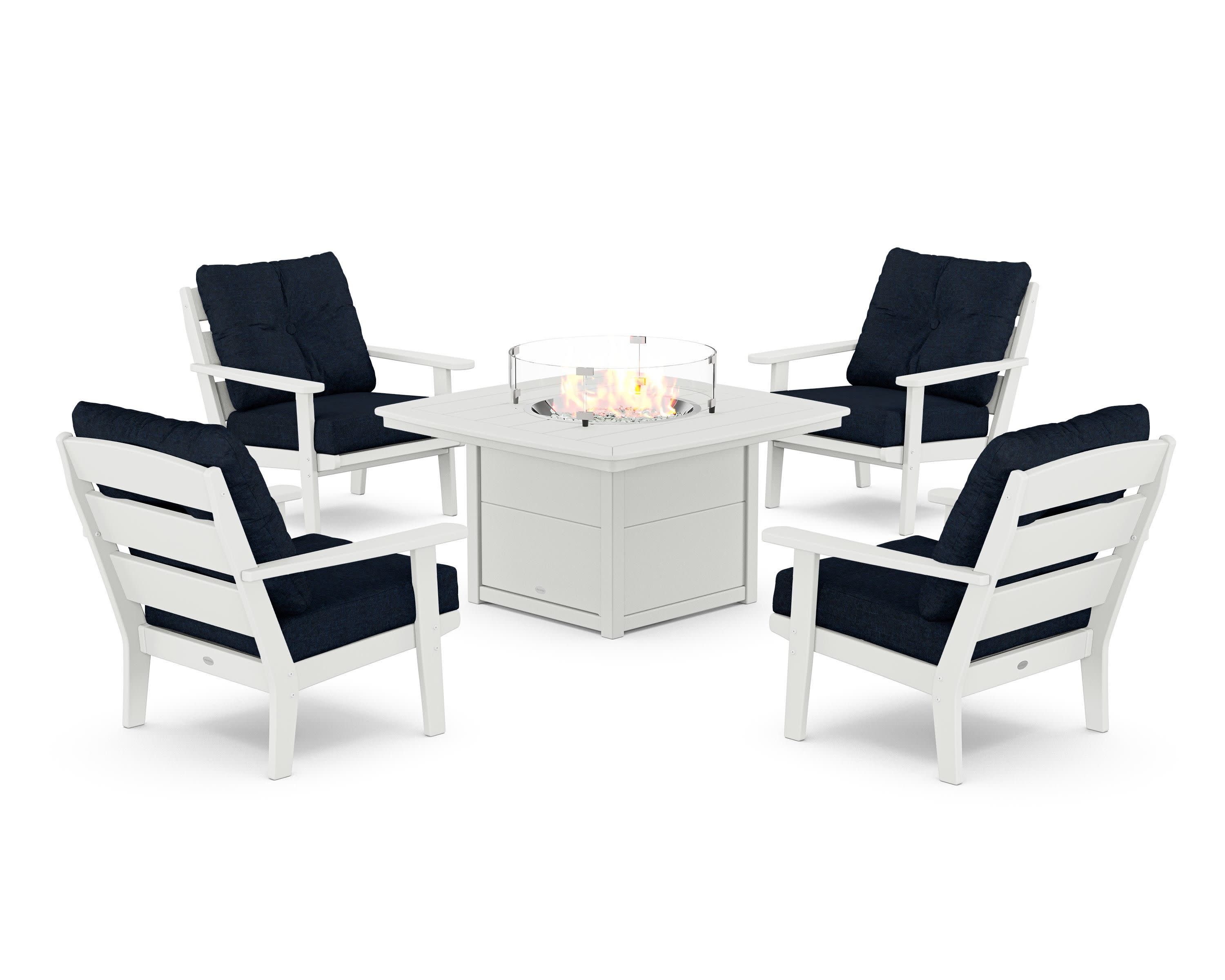 Lakeside 5-Piece Deep Seating Set with Nautical Fire Pit Table in White / Marine Indigo