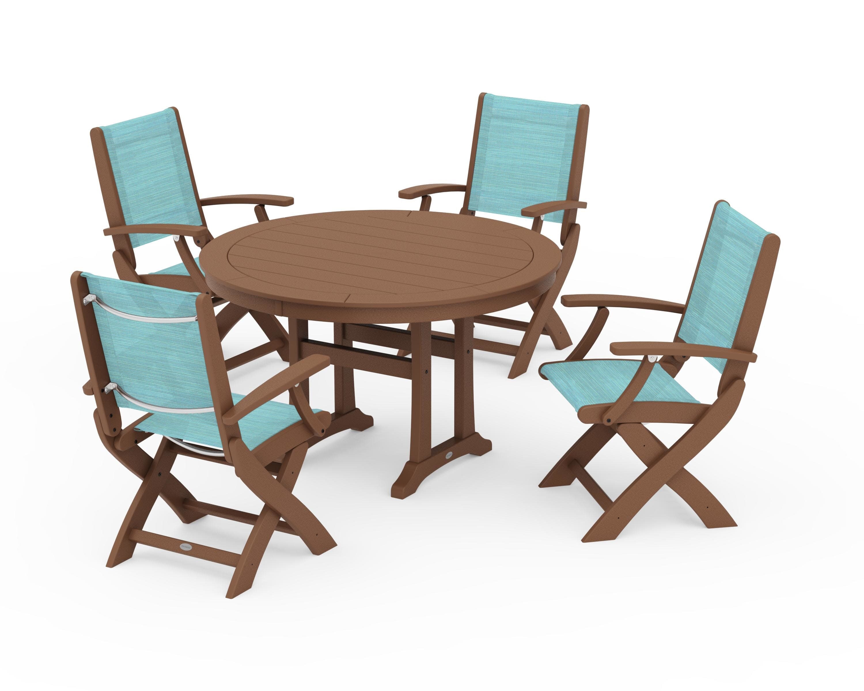 Coastal Folding Chair 5-Piece Round Dining Set with Trestle Legs in Teak / Dupioni Aquamarine Sling
