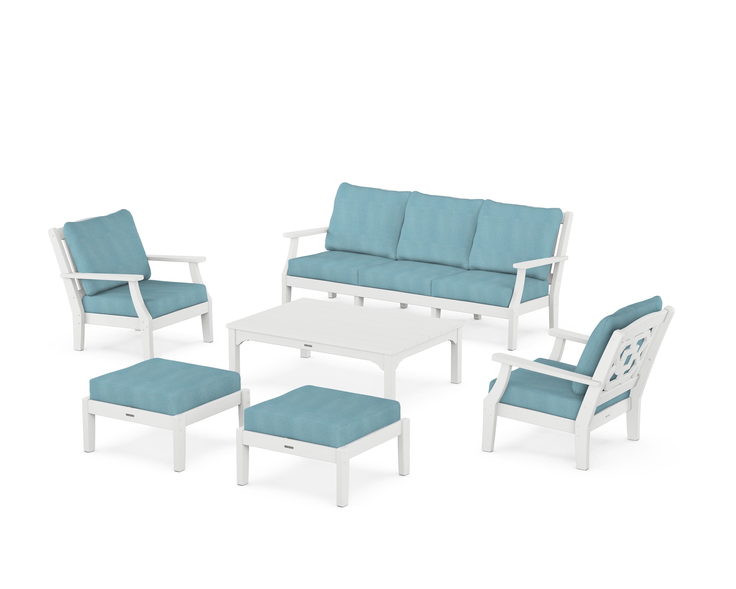 Chinoiserie 6-Piece Lounge Sofa Set in White / Lattice Sky Blue