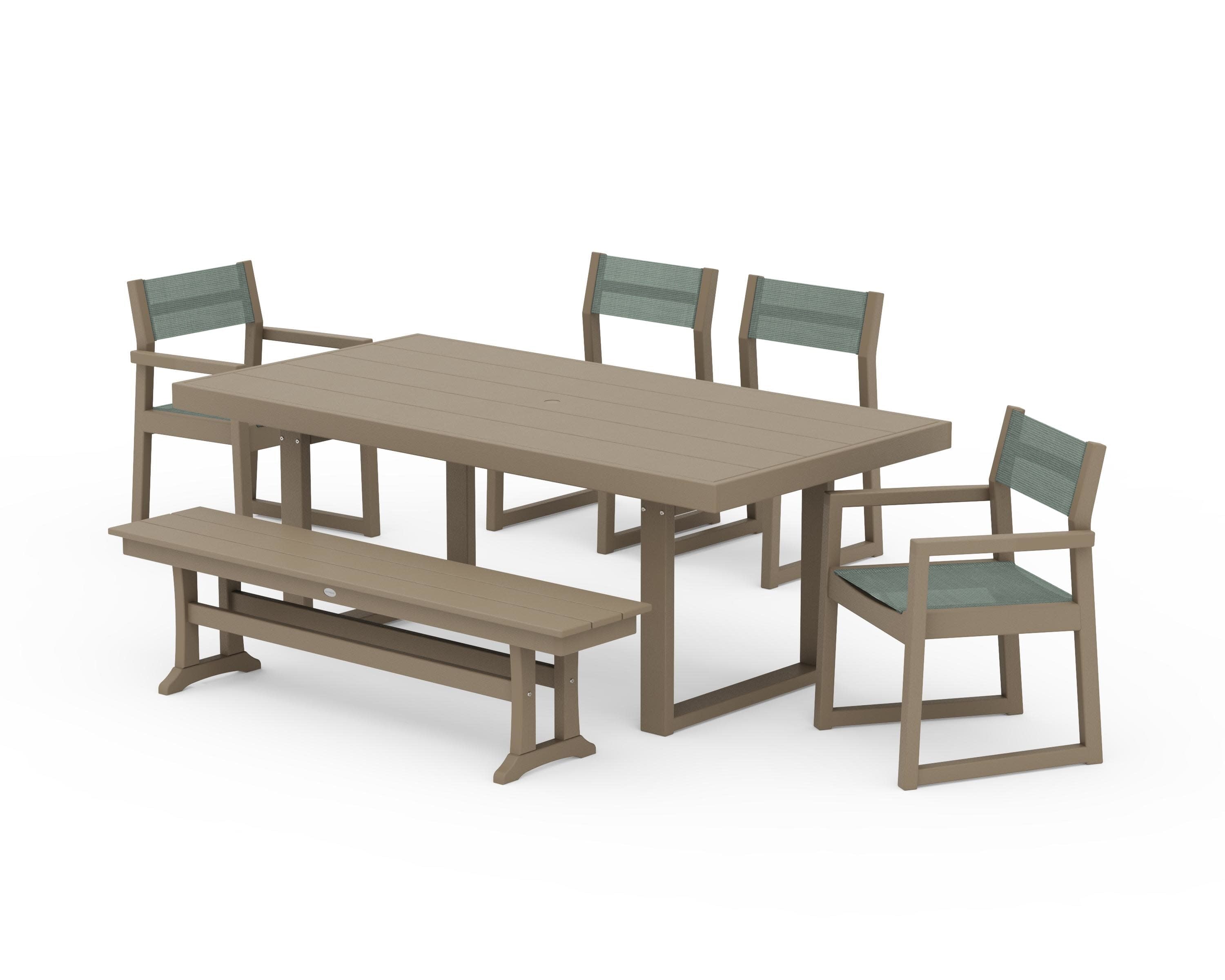EDGE Sling 6-Piece Dining Set with Bench in Vintage Sahara / Dupioni Sea Mist Sling