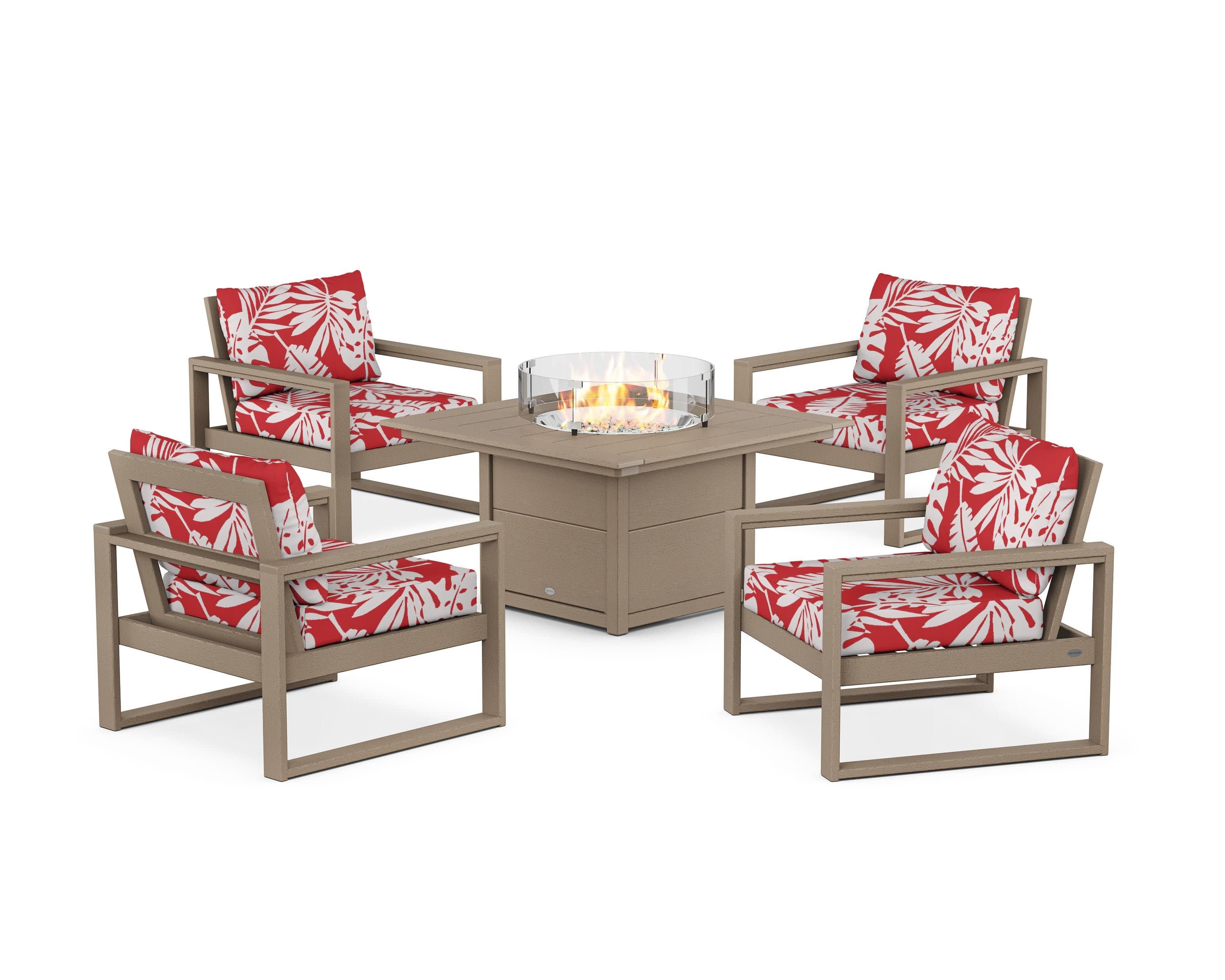 EDGE Sectional 5-Piece Deep Seating Set with Fire Pit Table in Vintage Sahara / Leaf Crimson