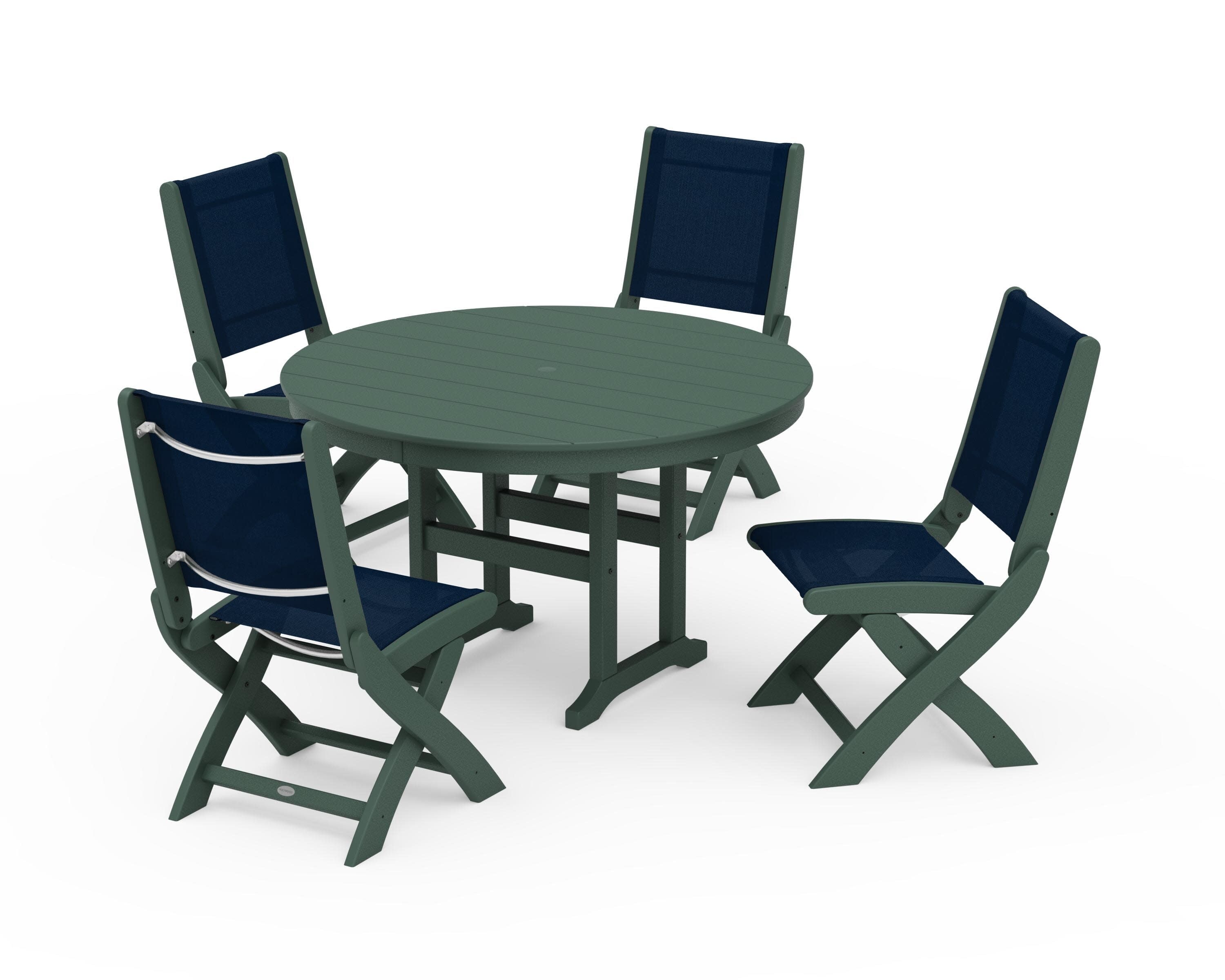 Coastal Folding Side Chair 5-Piece Round Dining Set in Green / Navy Blue Sling
