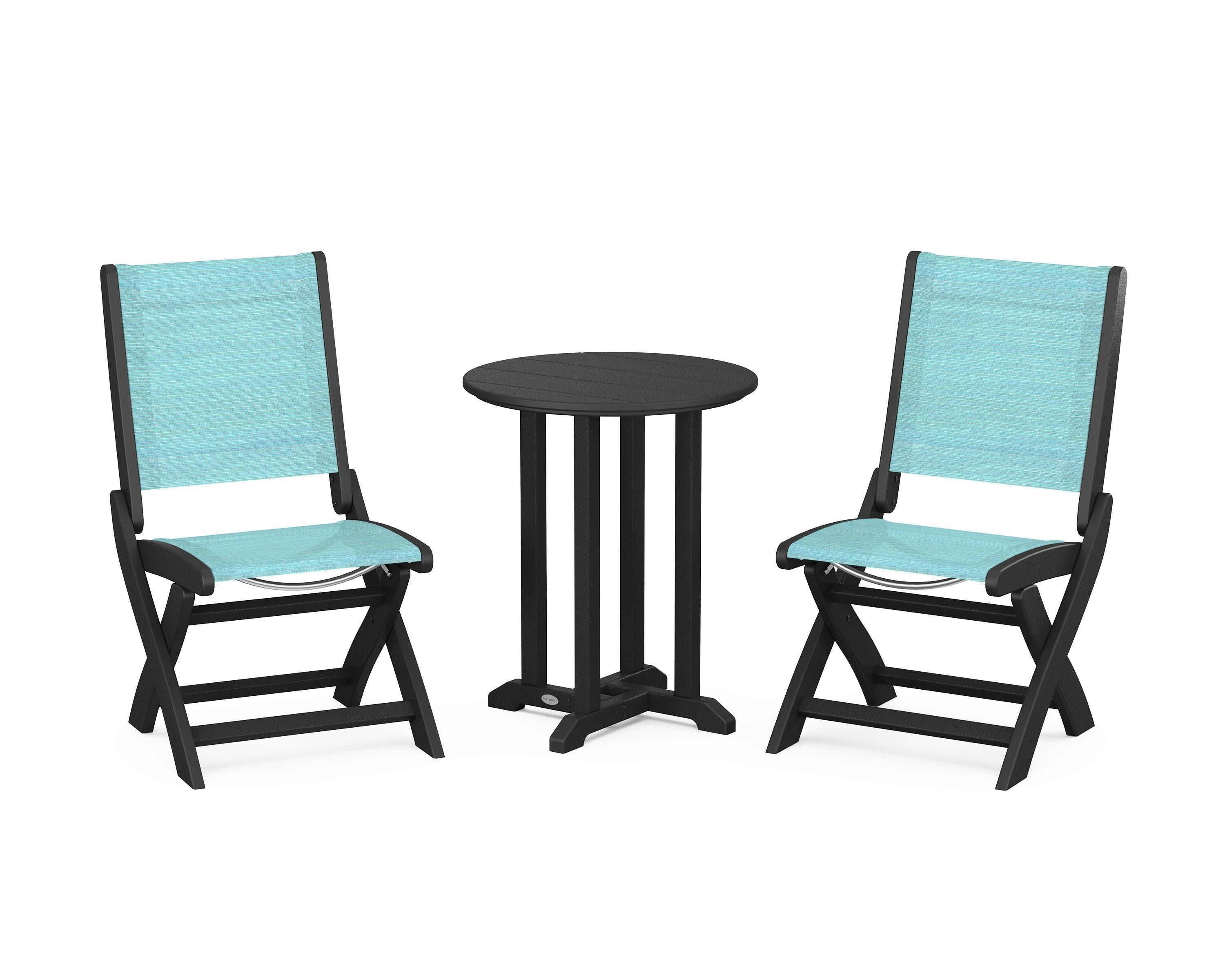 Coastal Folding Side Chair 3-Piece Round Bistro Dining Set in Black / Dupioni Aquamarine Sling