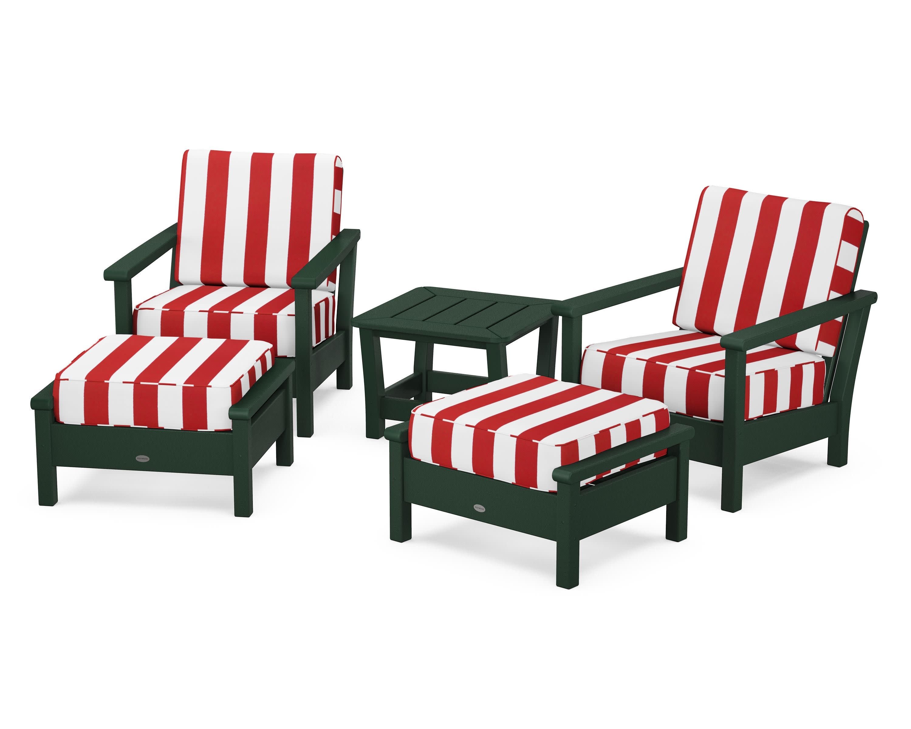 Harbour 5-Piece Deep Seating Chair Set in Green / Cabana Stripe Crimson