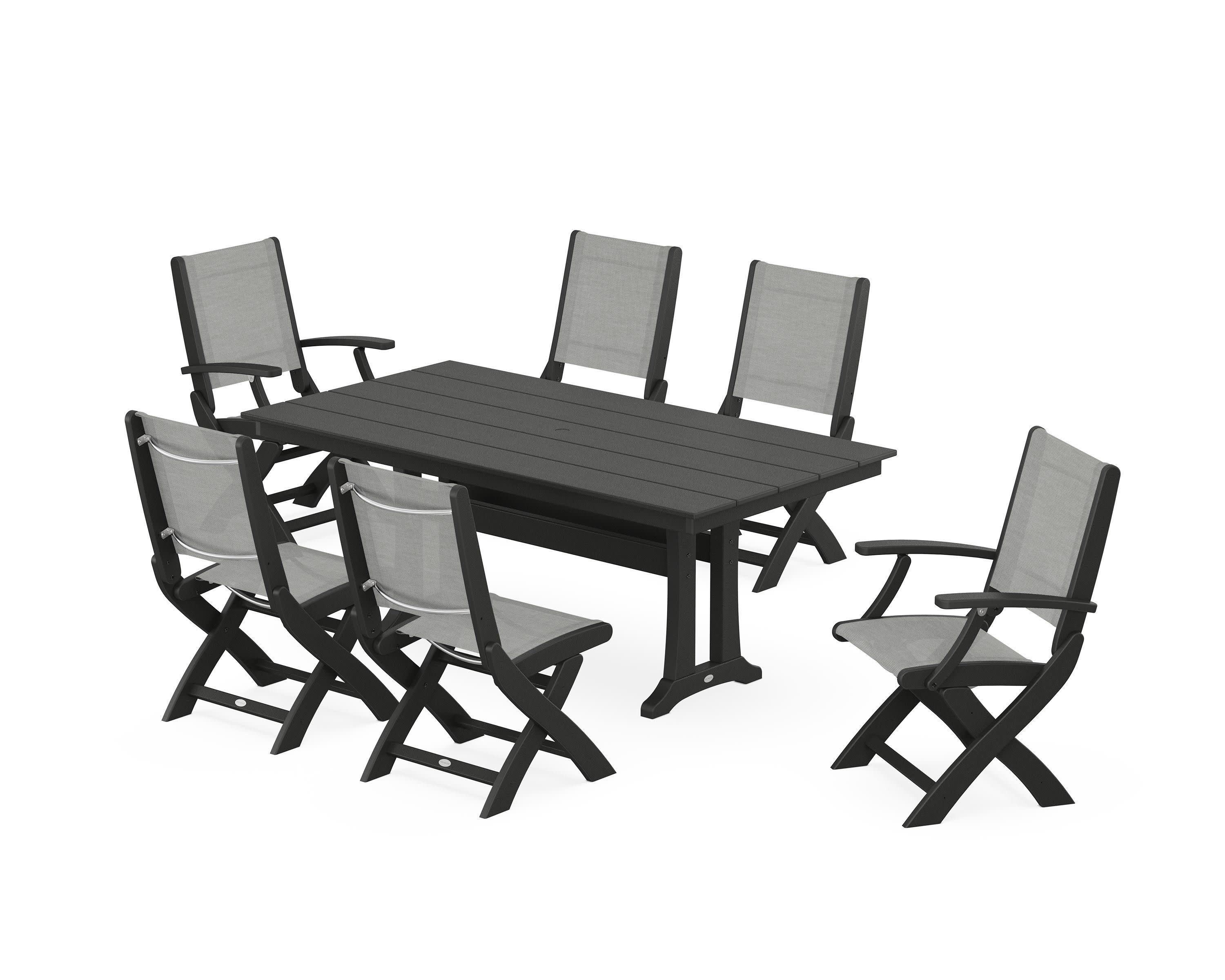 Coastal Folding Chair 7-Piece Farmhouse Dining Set with Trestle Legs in Black / Metallic Sling