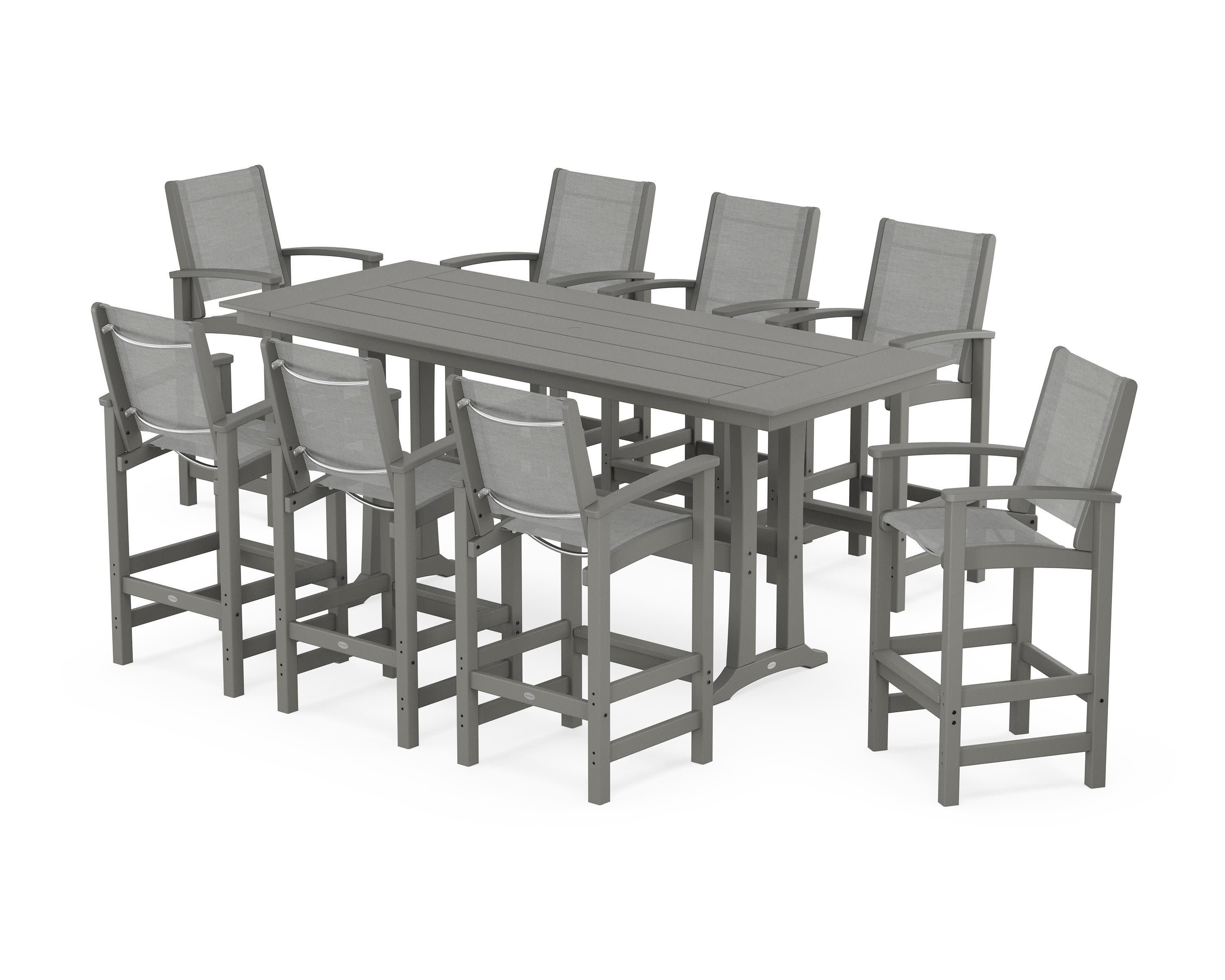 Coastal 9-Piece Farmhouse Bar Set with Trestle Legs in Slate Grey / Metallic Sling