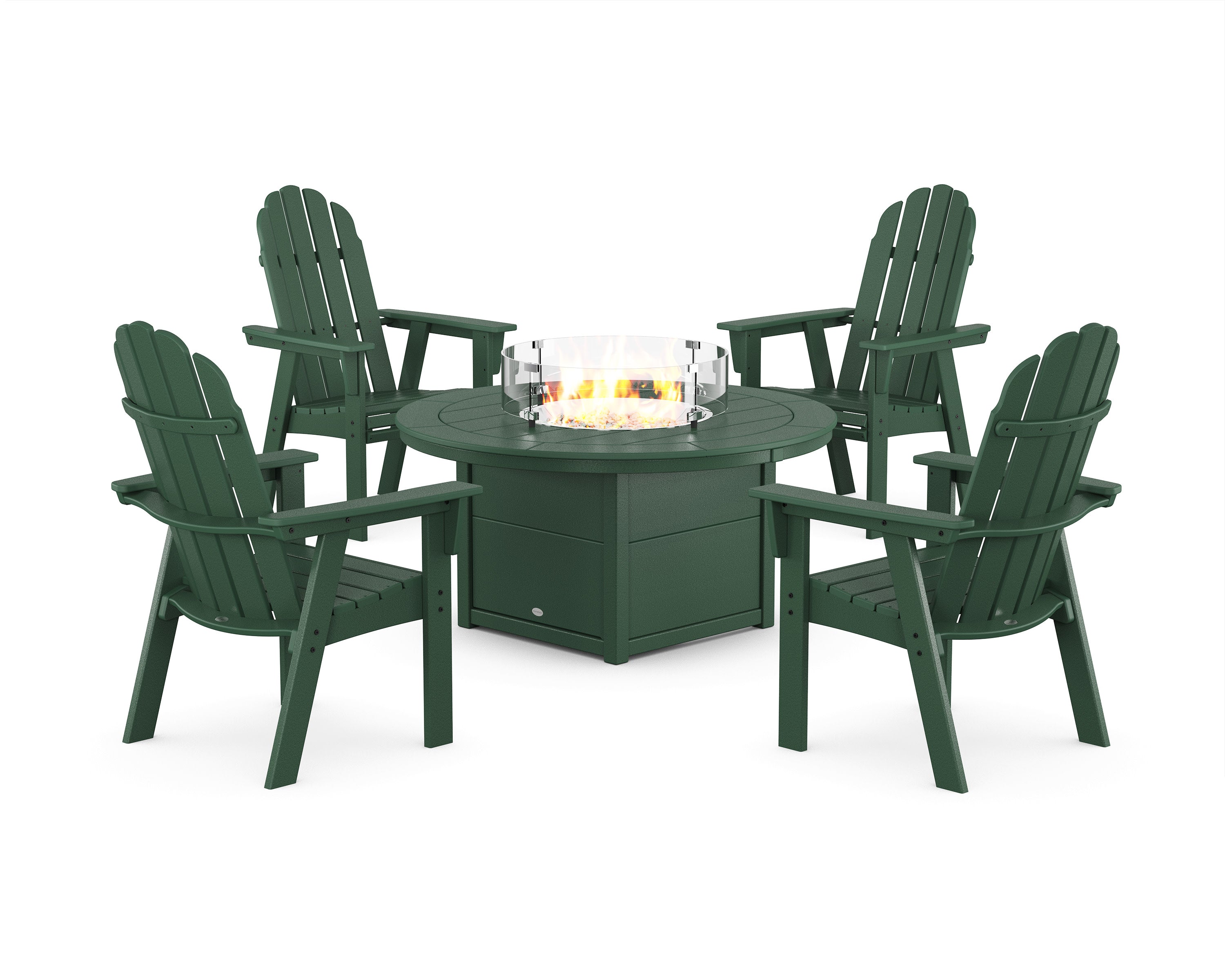 Vineyard 4-Piece Curveback Upright Adirondack Conversation Set with Fire Pit Table in Green