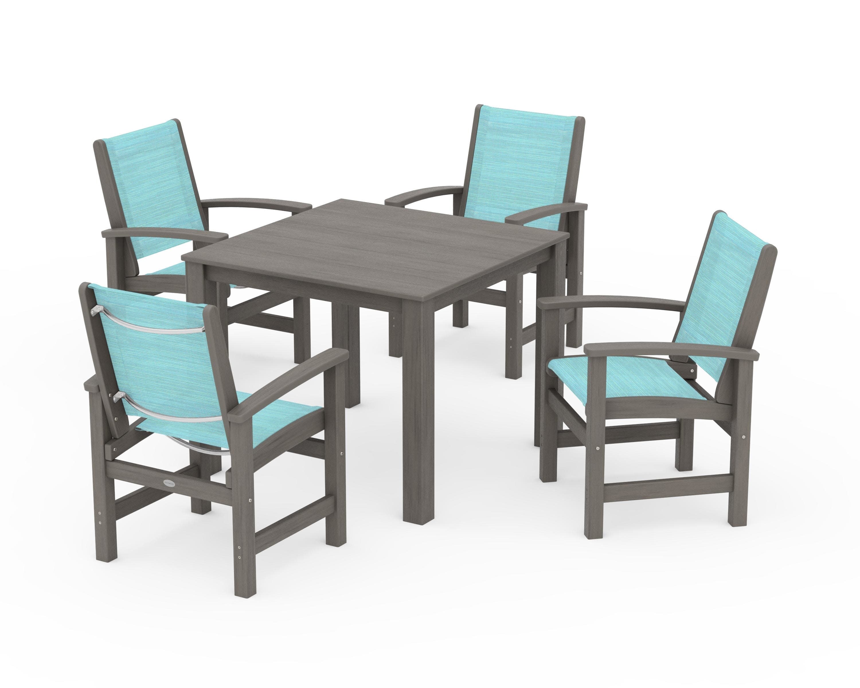 Coastal 5-Piece Parsons Dining Set in Driftwood / Dupioni Aquamarine Sling
