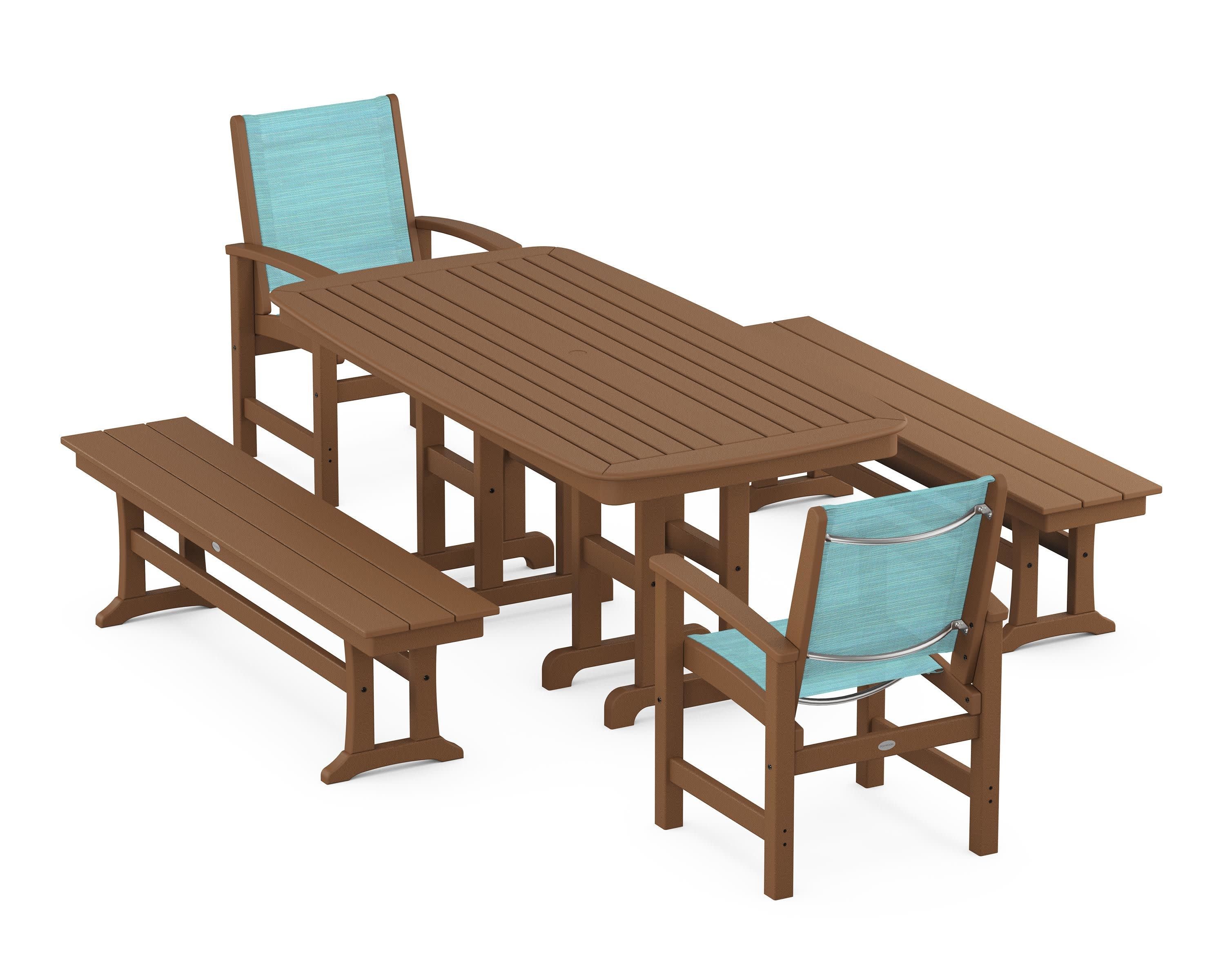 Coastal 5-Piece Dining Set in Teak / Dupioni Aquamarine Sling