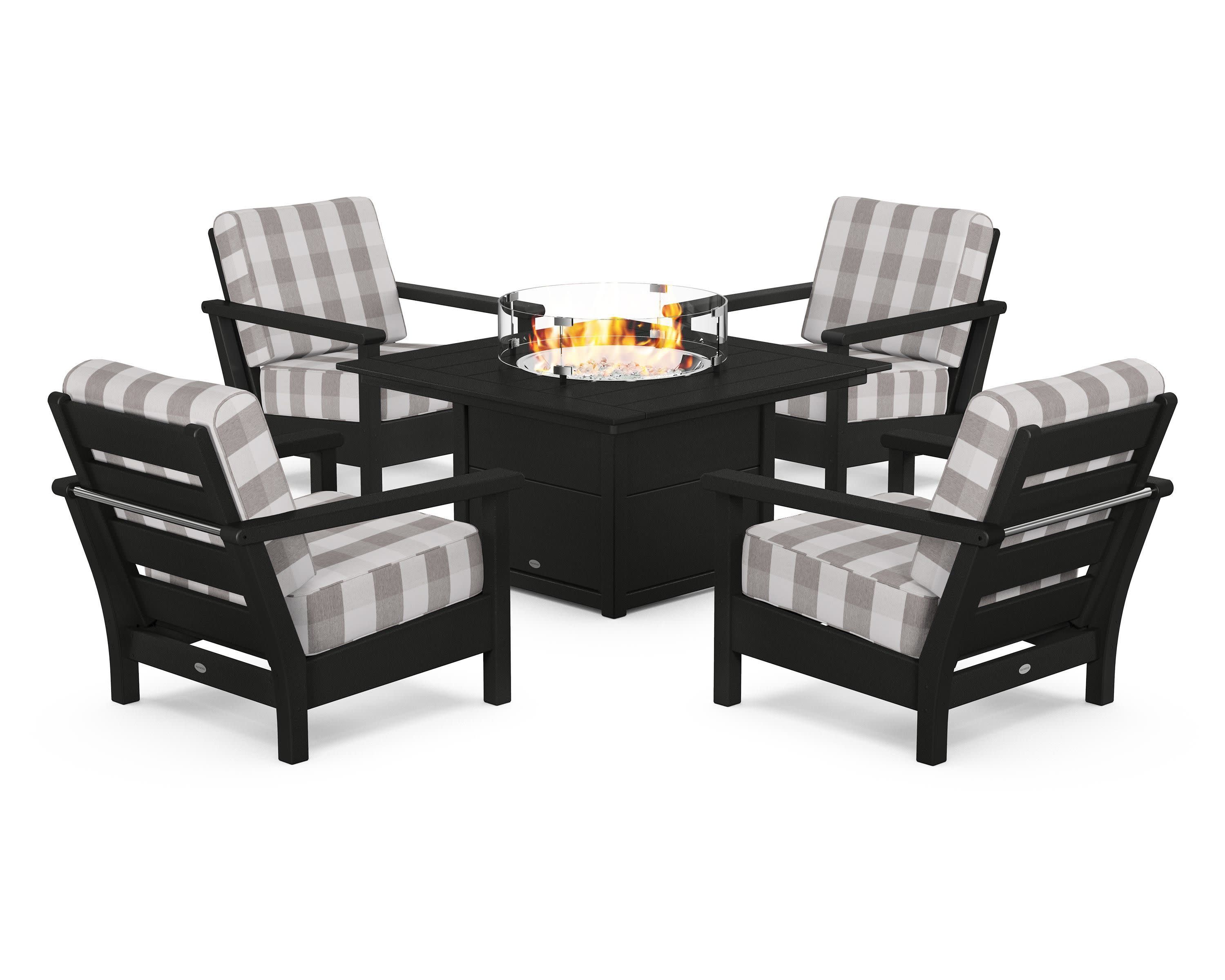 Harbour 5-Piece Conversation Set with Fire Pit Table in Black / Buffalo Plaid Grey Mist