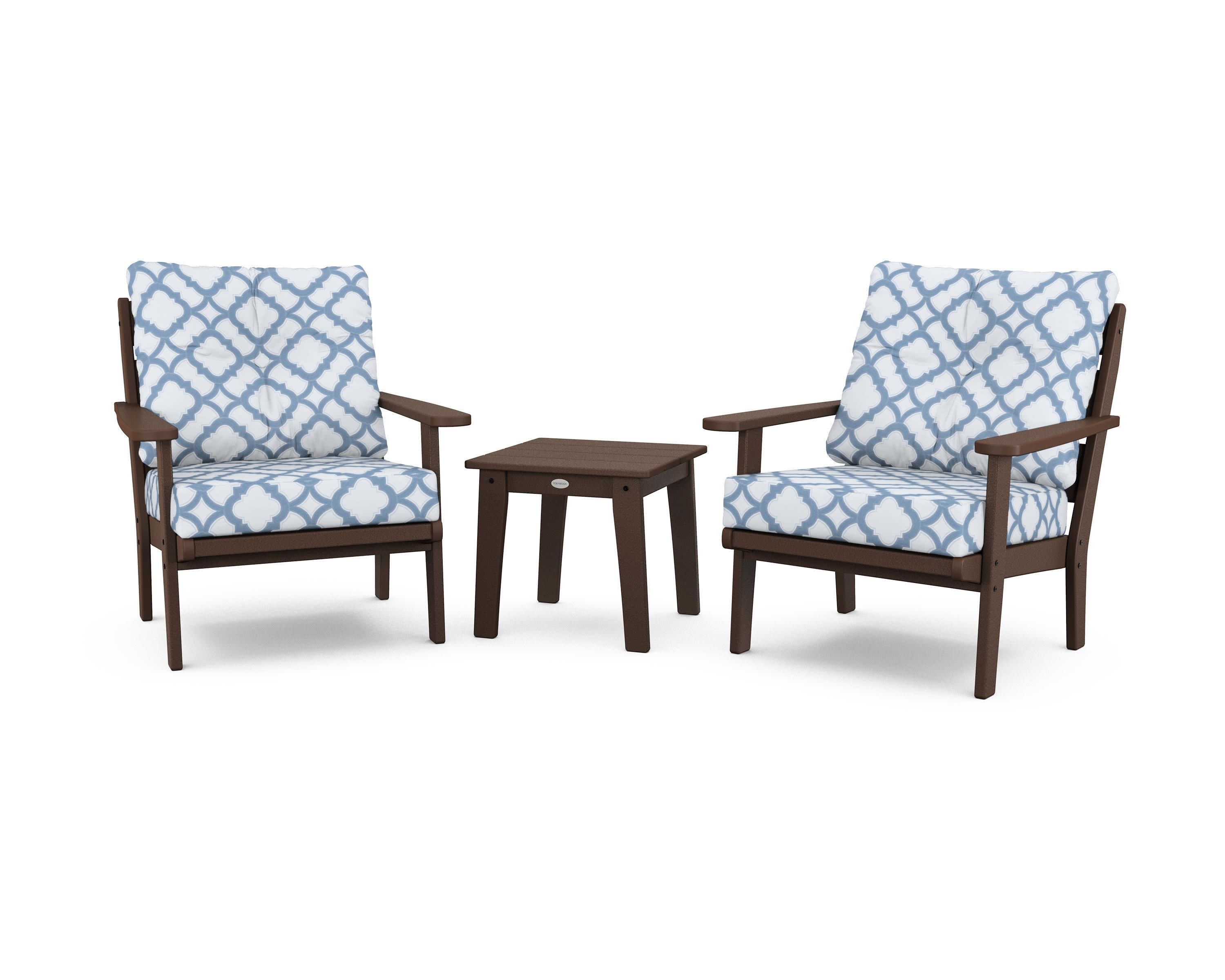 Lakeside 3-Piece Deep Seating Chair Set in Mahogany / Trellis Sky Blue