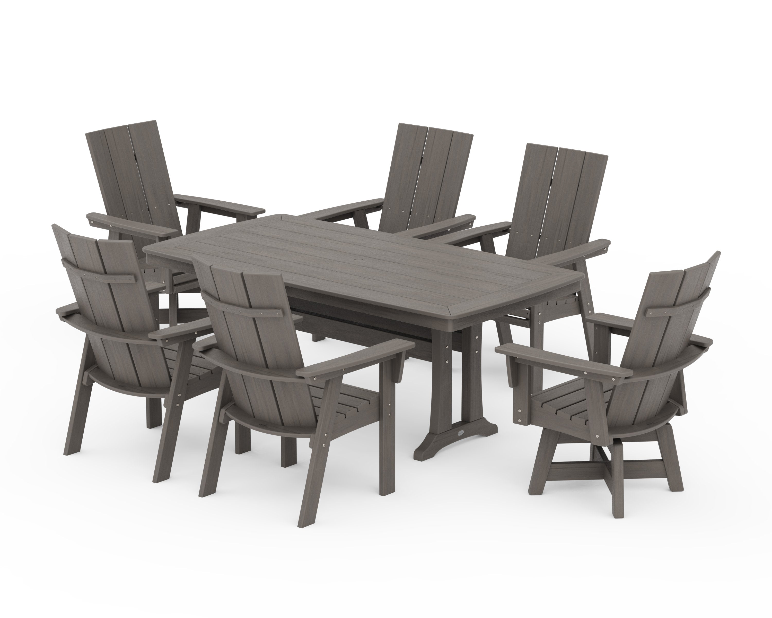 Modern Adirondack Swivel Chair 7-Piece Dining Set with Trestle Legs in Driftwood