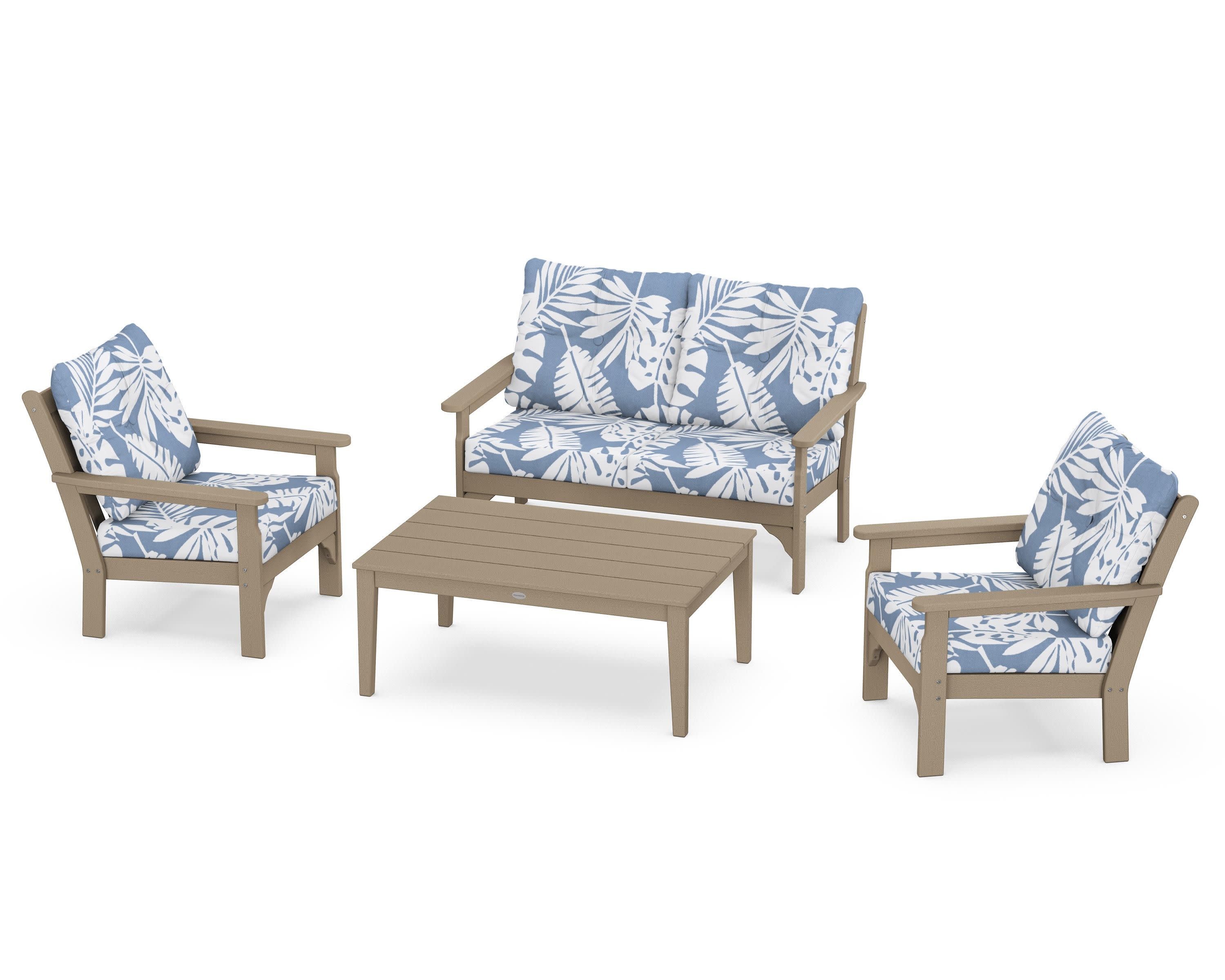 Vineyard 4-Piece Deep Seating Set in Vintage Sahara / Leaf Sky Blue
