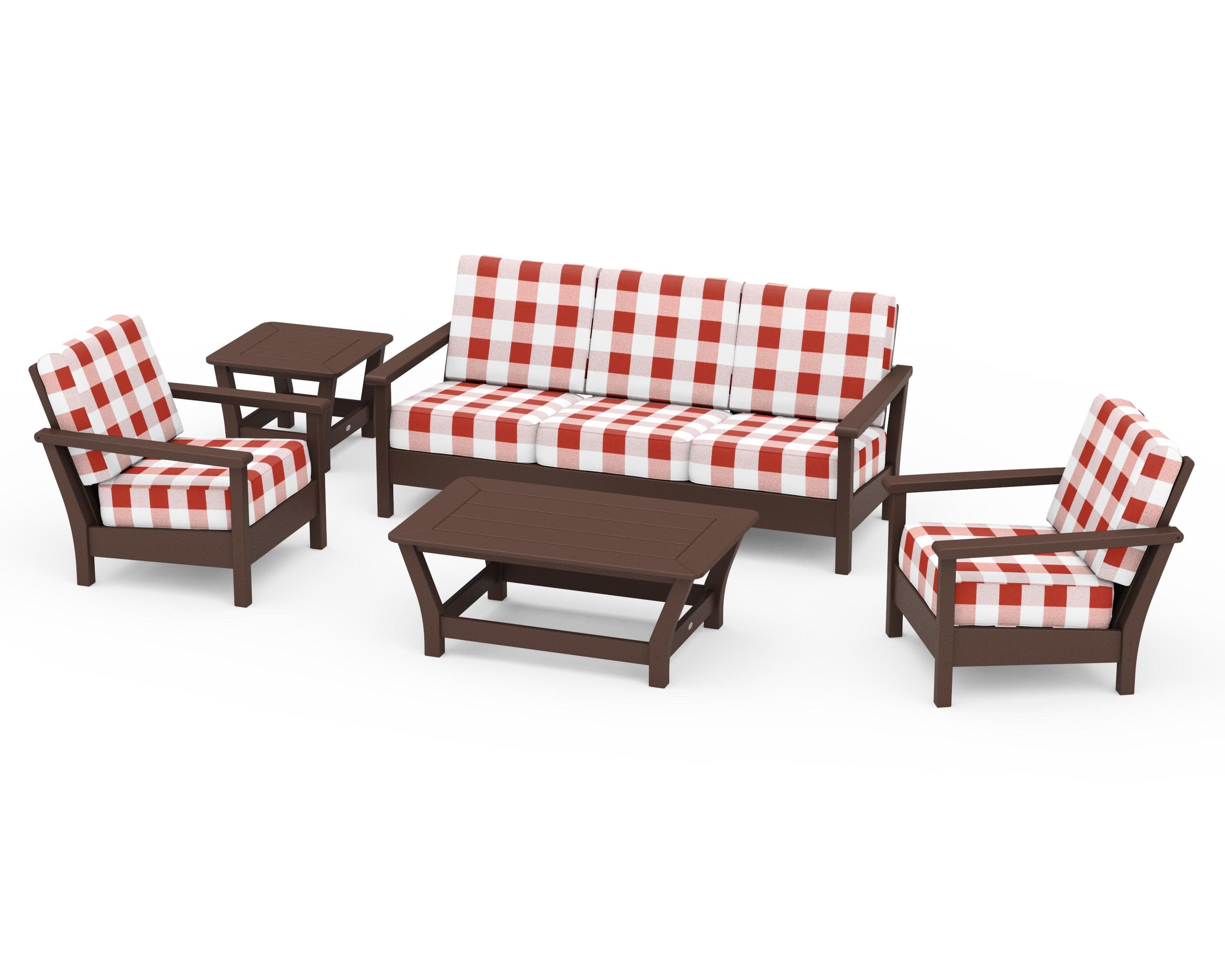 Harbour 5-Piece Deep Seating Set in Mahogany / Buffalo Plaid Crimson