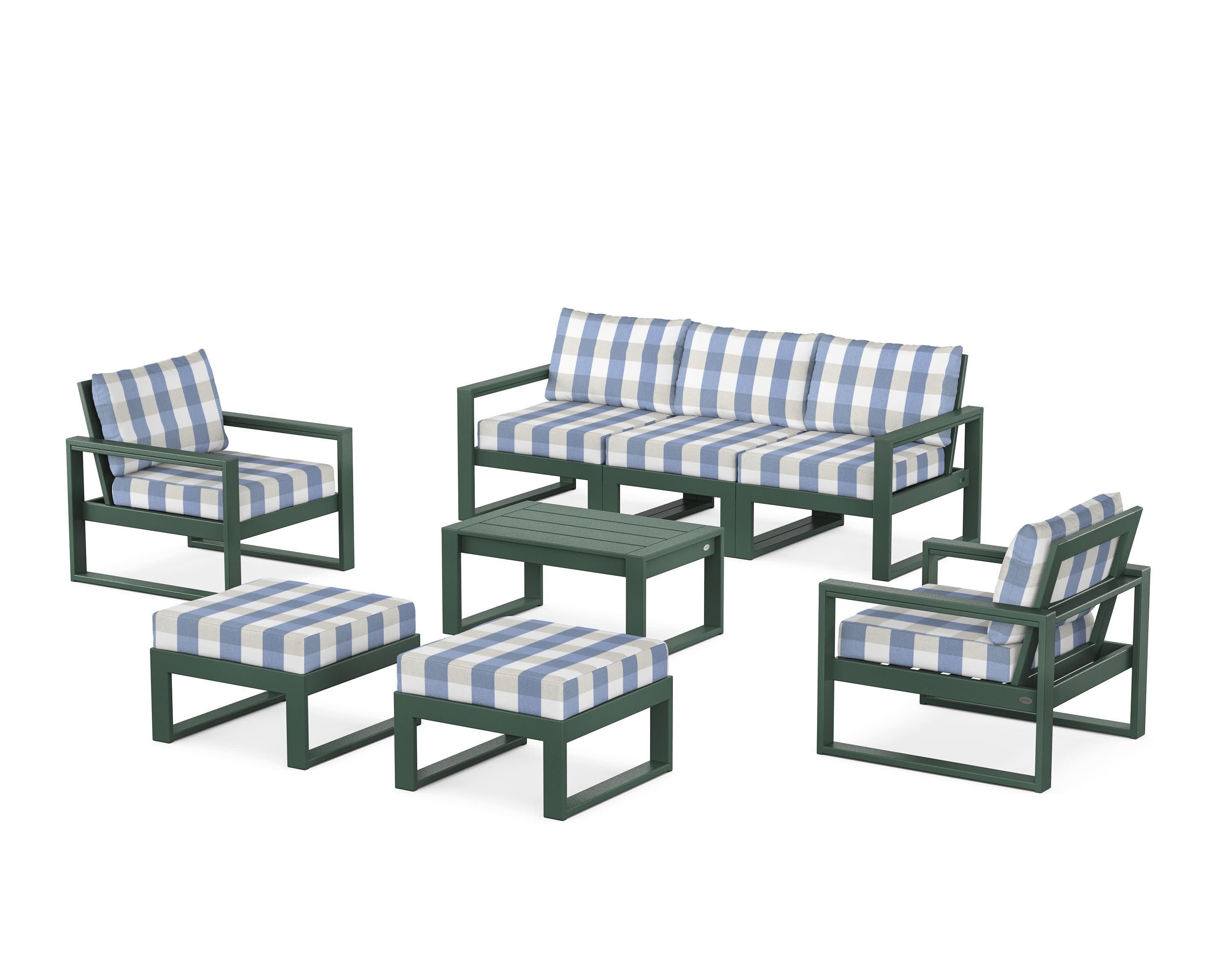 EDGE Sectional 8-Piece Lounge Sofa Set in Green / Buffalo Plaid Sky Blue