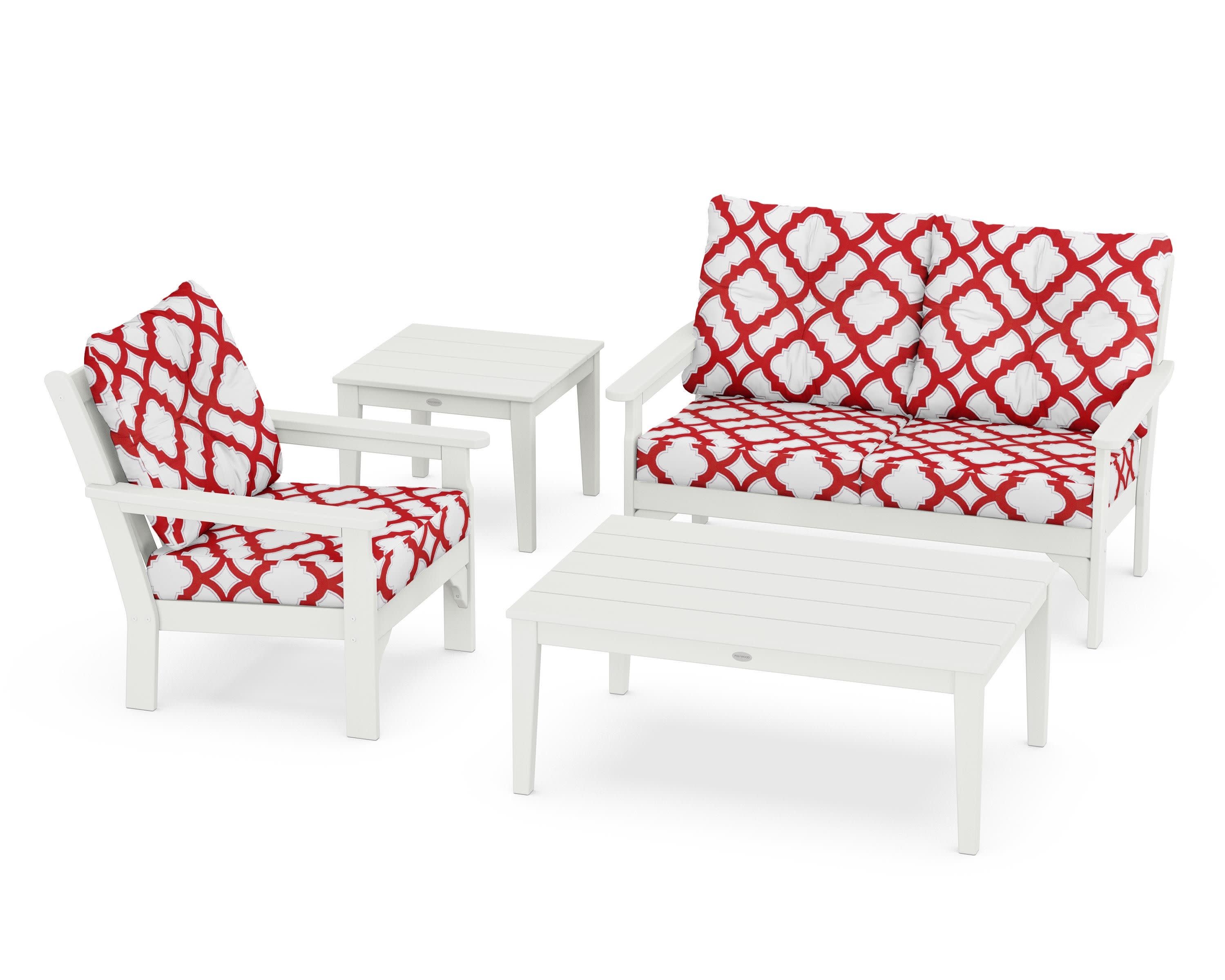Vineyard 4-Piece Deep Seating Set in Vintage White / Trellis Crimson