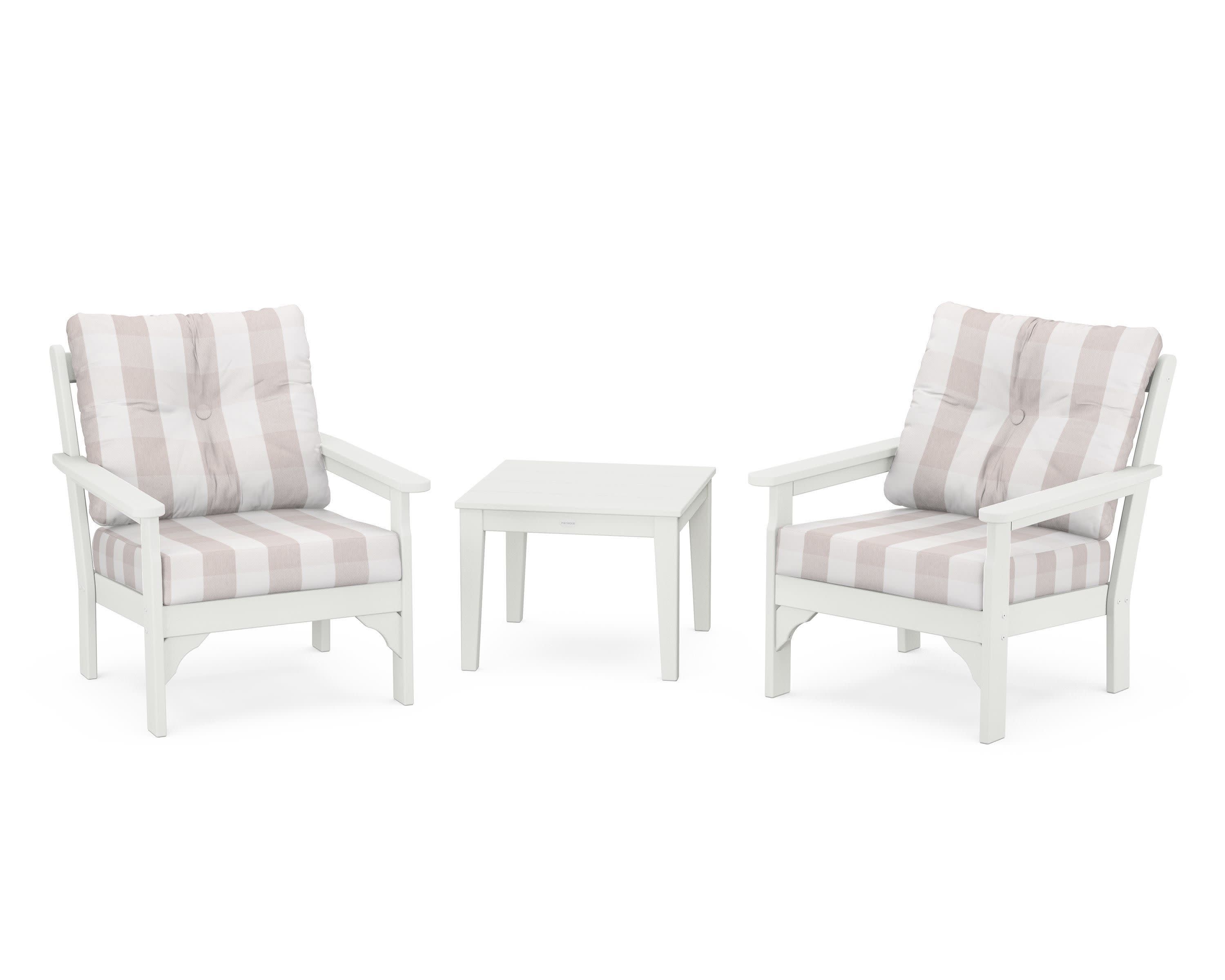 Vineyard 3-Piece Deep Seating Set in Vintage White / Buffalo Plaid Dune Burlap