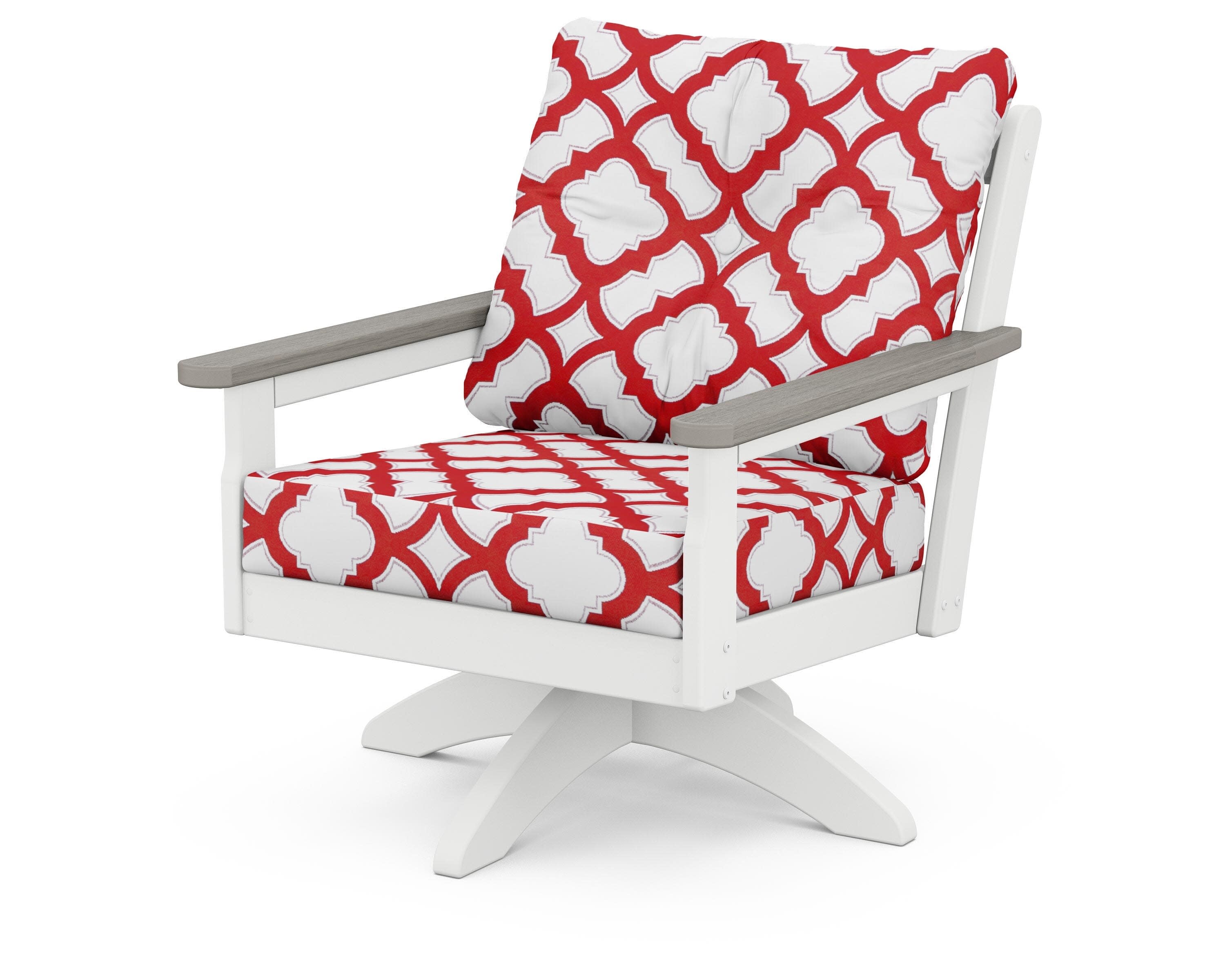 Vineyard Deep Seating Swivel Chair in White / Driftwood / Trellis Crimson