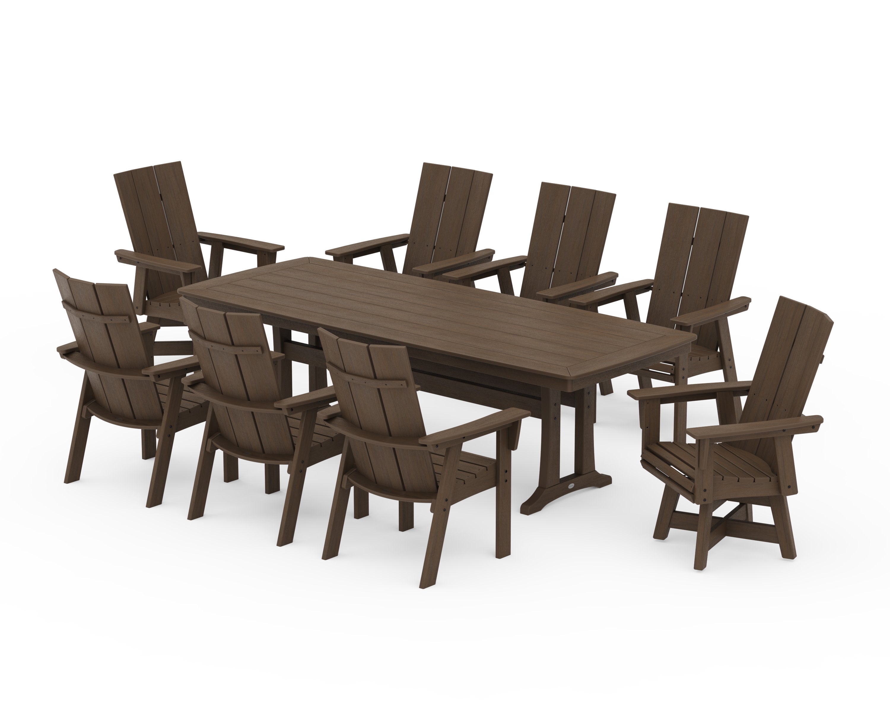 Modern Curveback Adirondack Swivel 9-Piece Dining Set with Trestle Legs in Kona