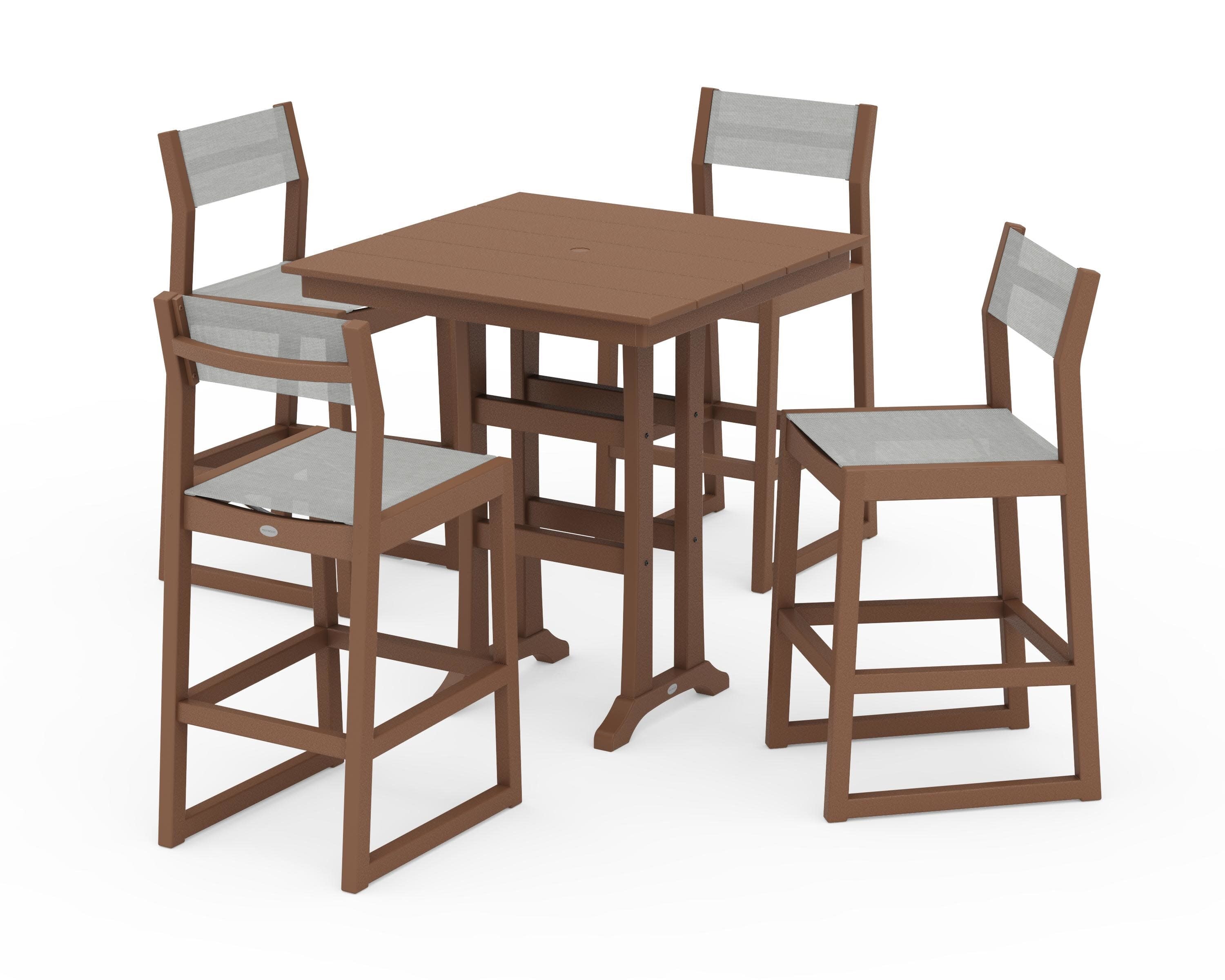 EDGE Sling Arm Chair 5-Piece Farmhouse Bar Set with Trestle Legs in Teak / Metallic Sling