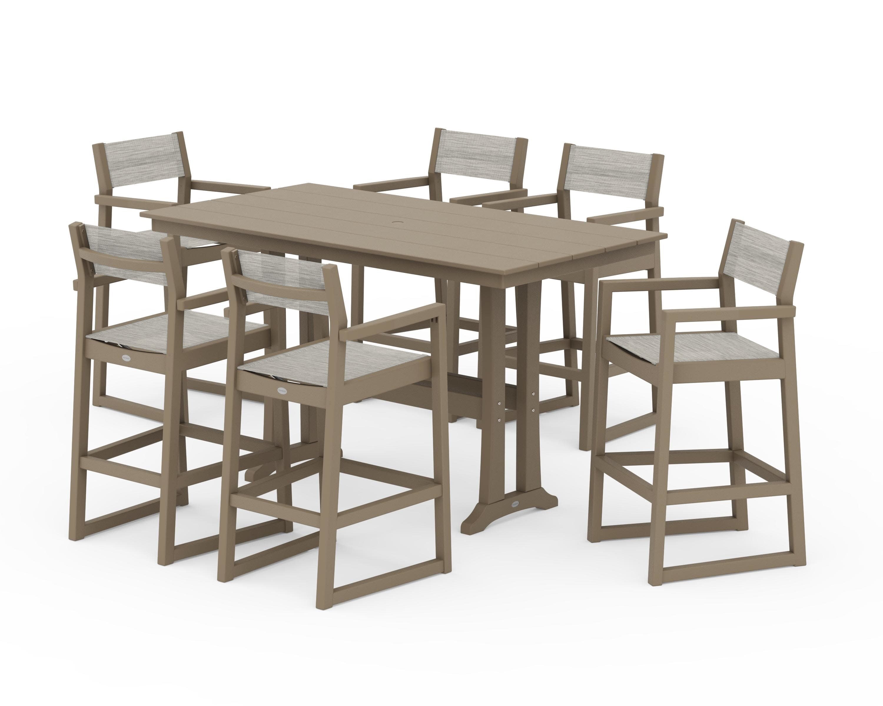 EDGE Sling Arm Chair 7-Piece Farmhouse Bar Set with Trestle Legs in Vintage Sahara / Birch Sling