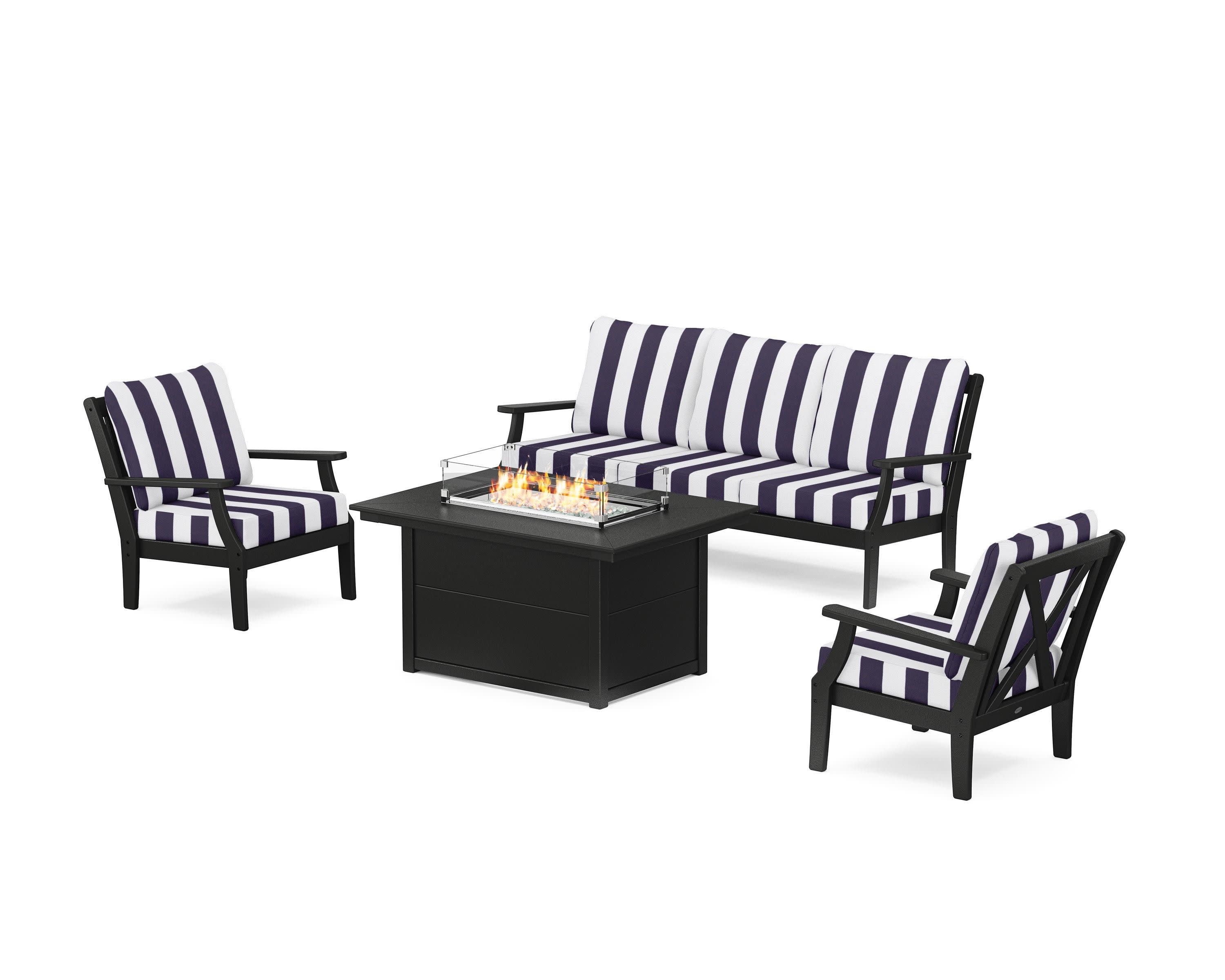 Braxton Deep Seating Fire Pit Table Set in Black / Cabana Stripe Navy