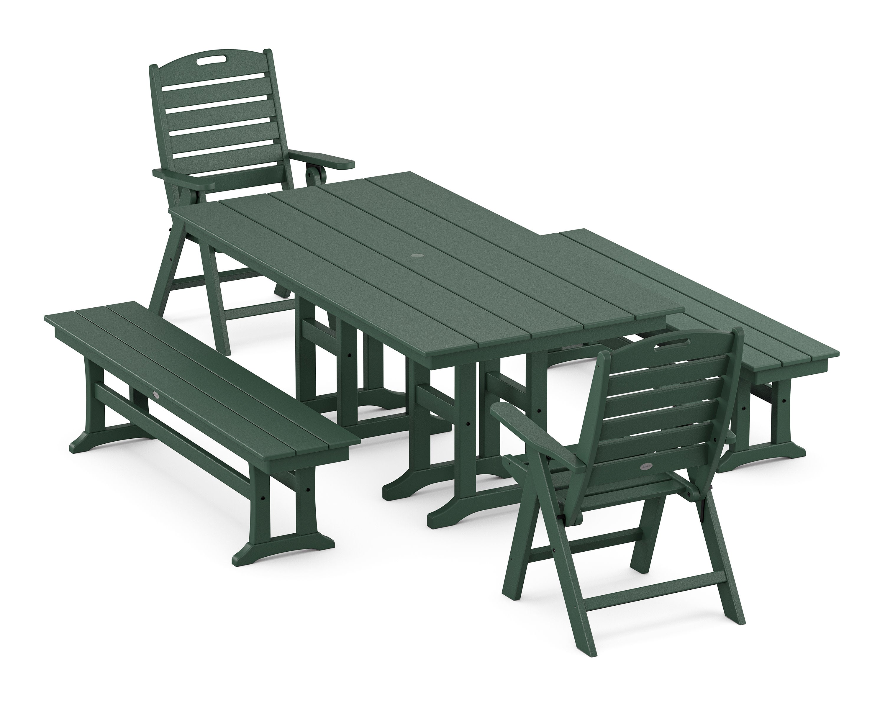 Nautical Highback 5-Piece Farmhouse Dining Set with Benches in Green