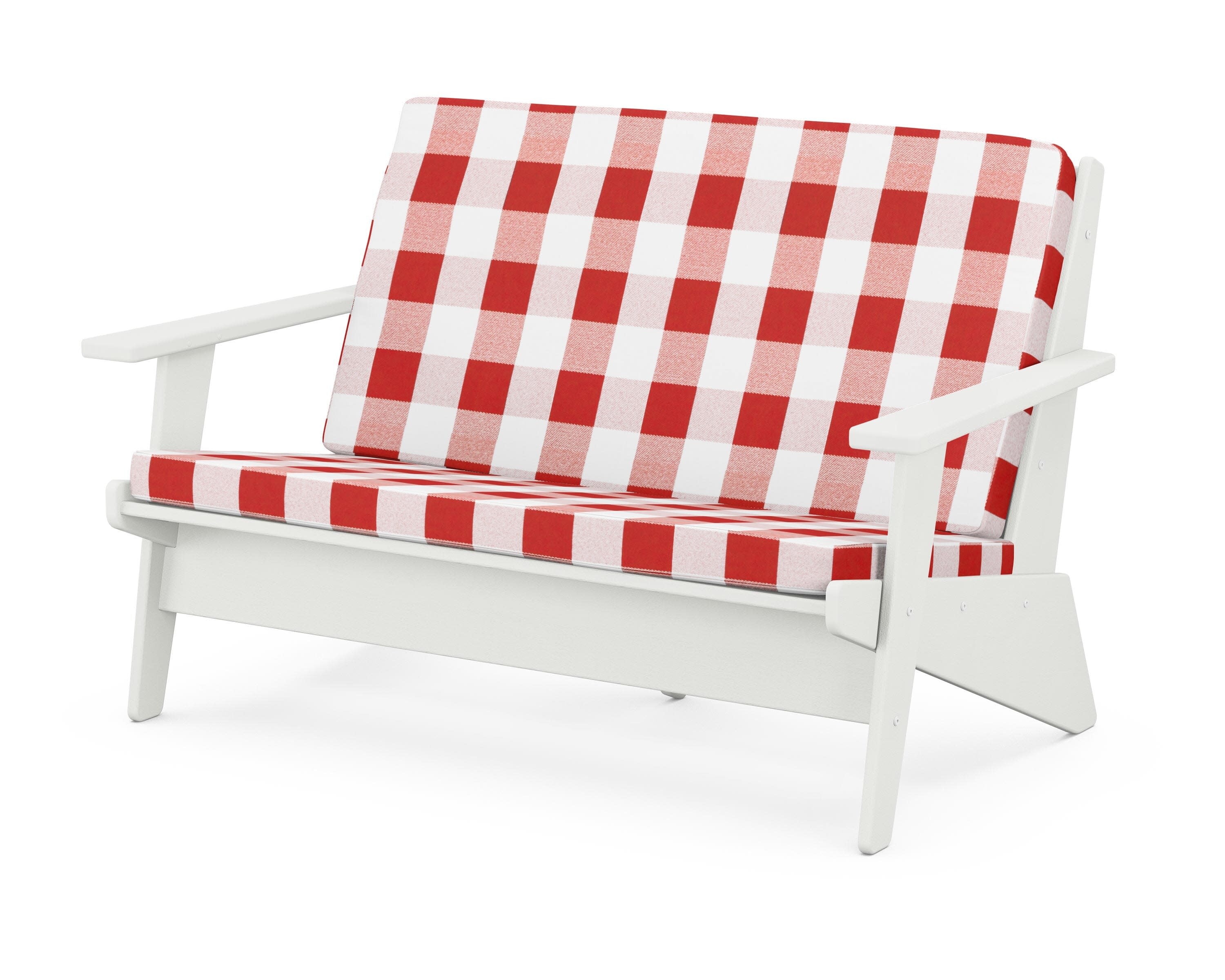 Riviera Modern Lounge Loveseat in Vintage White / Buffalo Plaid Crimson