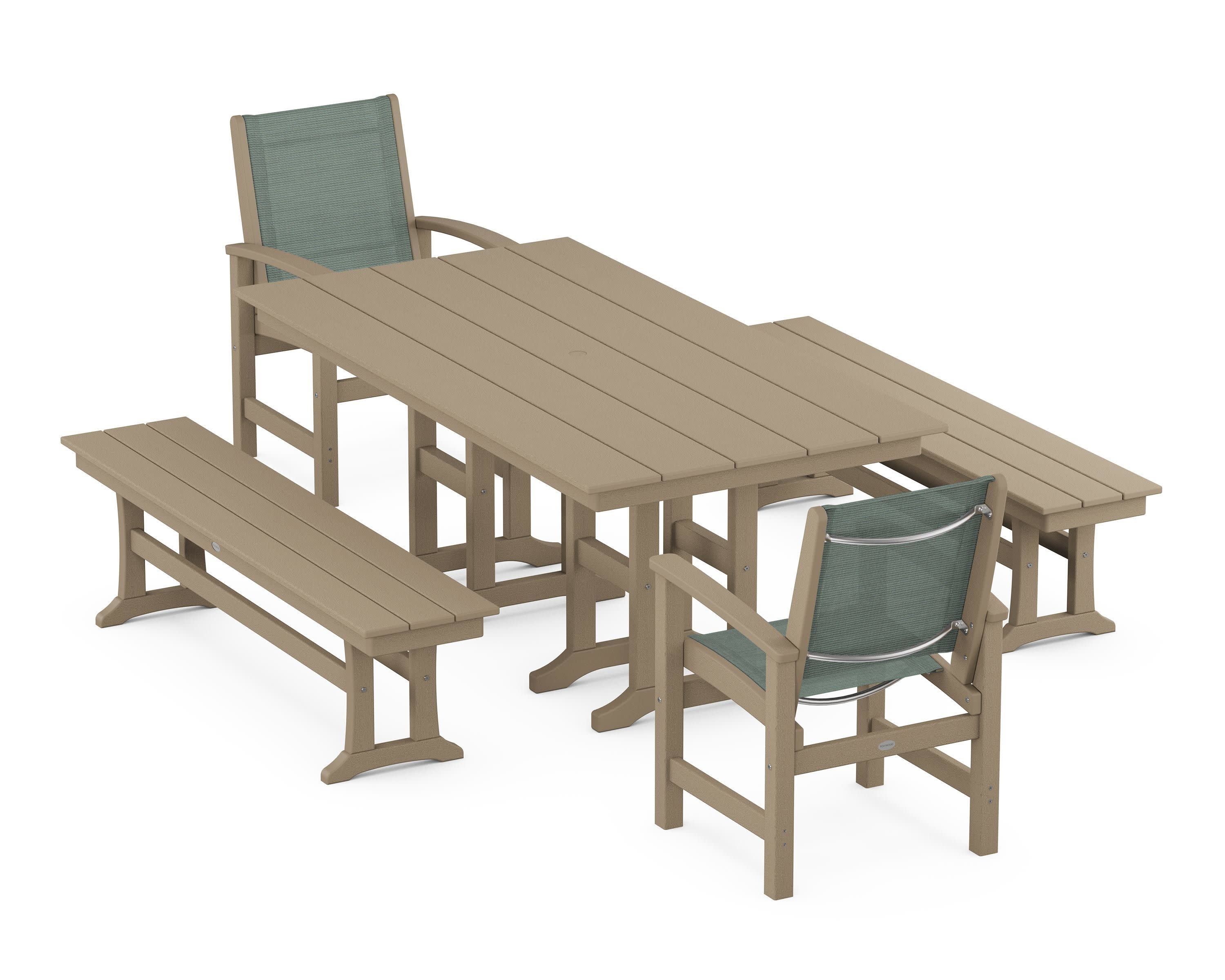 Coastal 5-Piece Farmhouse Dining Set in Vintage Sahara / Dupioni Sea Mist Sling