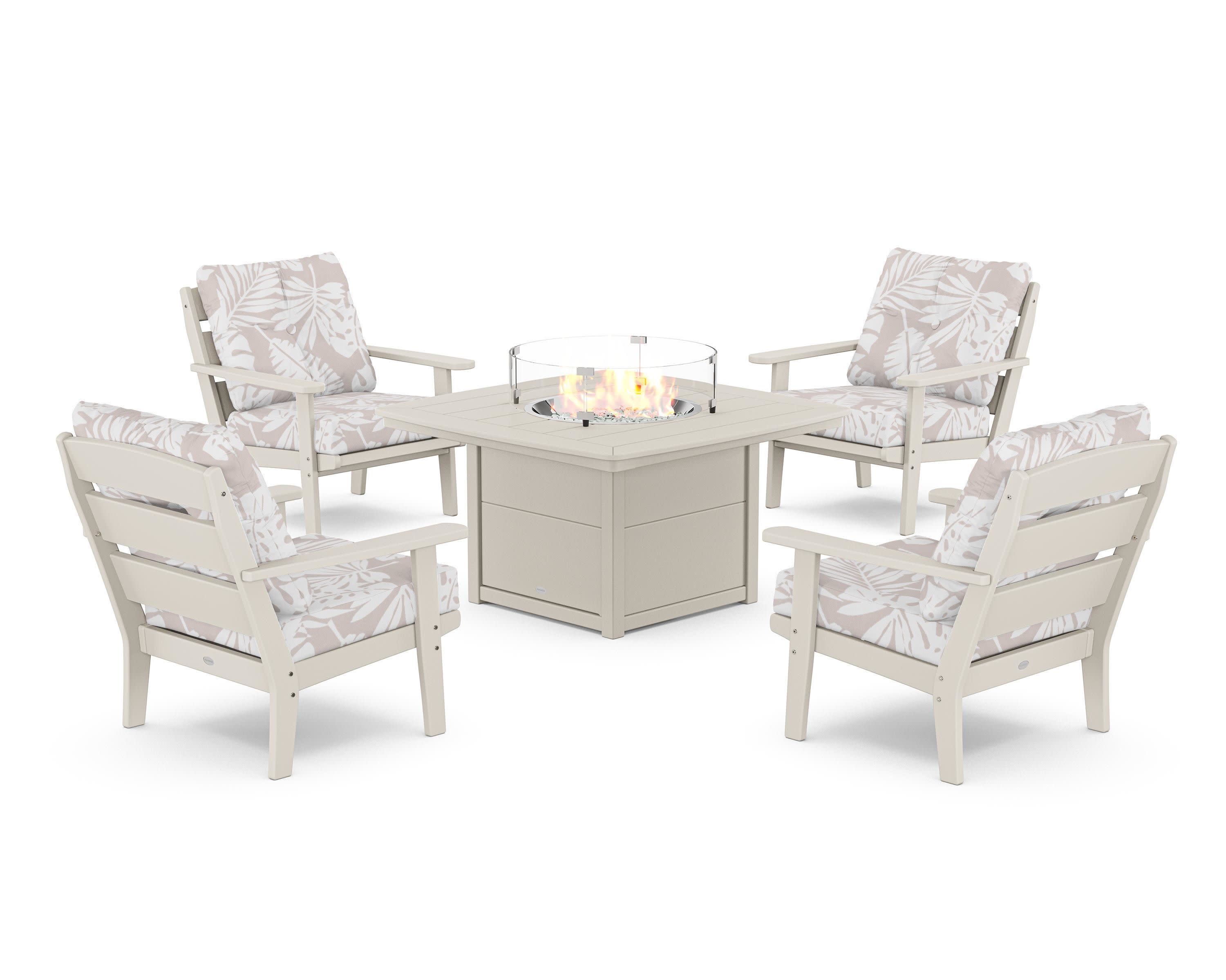 Lakeside 5-Piece Deep Seating Set with Nautical Fire Pit Table in Sand / Leaf Dune Burlap