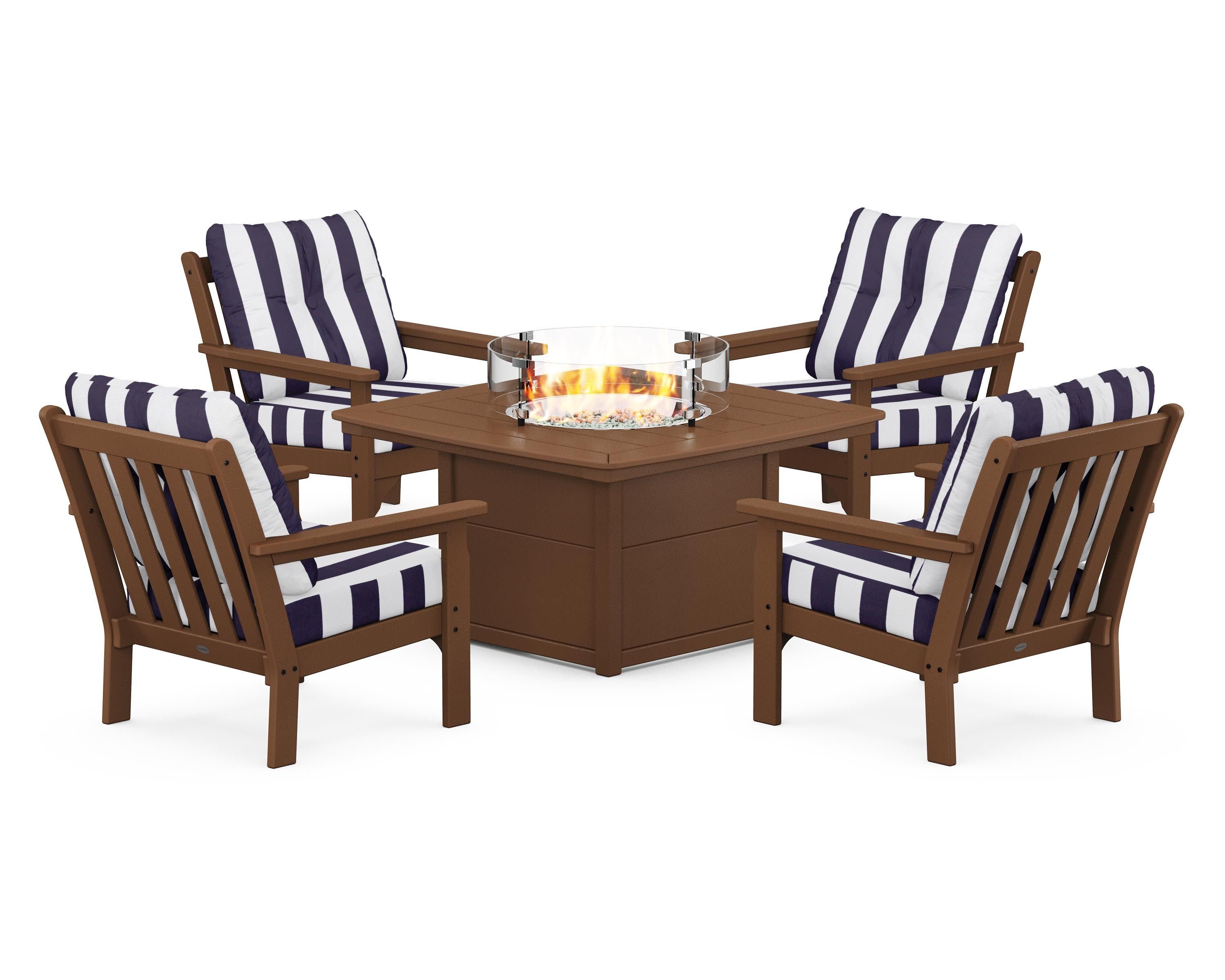 Vineyard 5-Piece Conversation Set with Fire Pit Table in Teak / Cabana Stripe Navy
