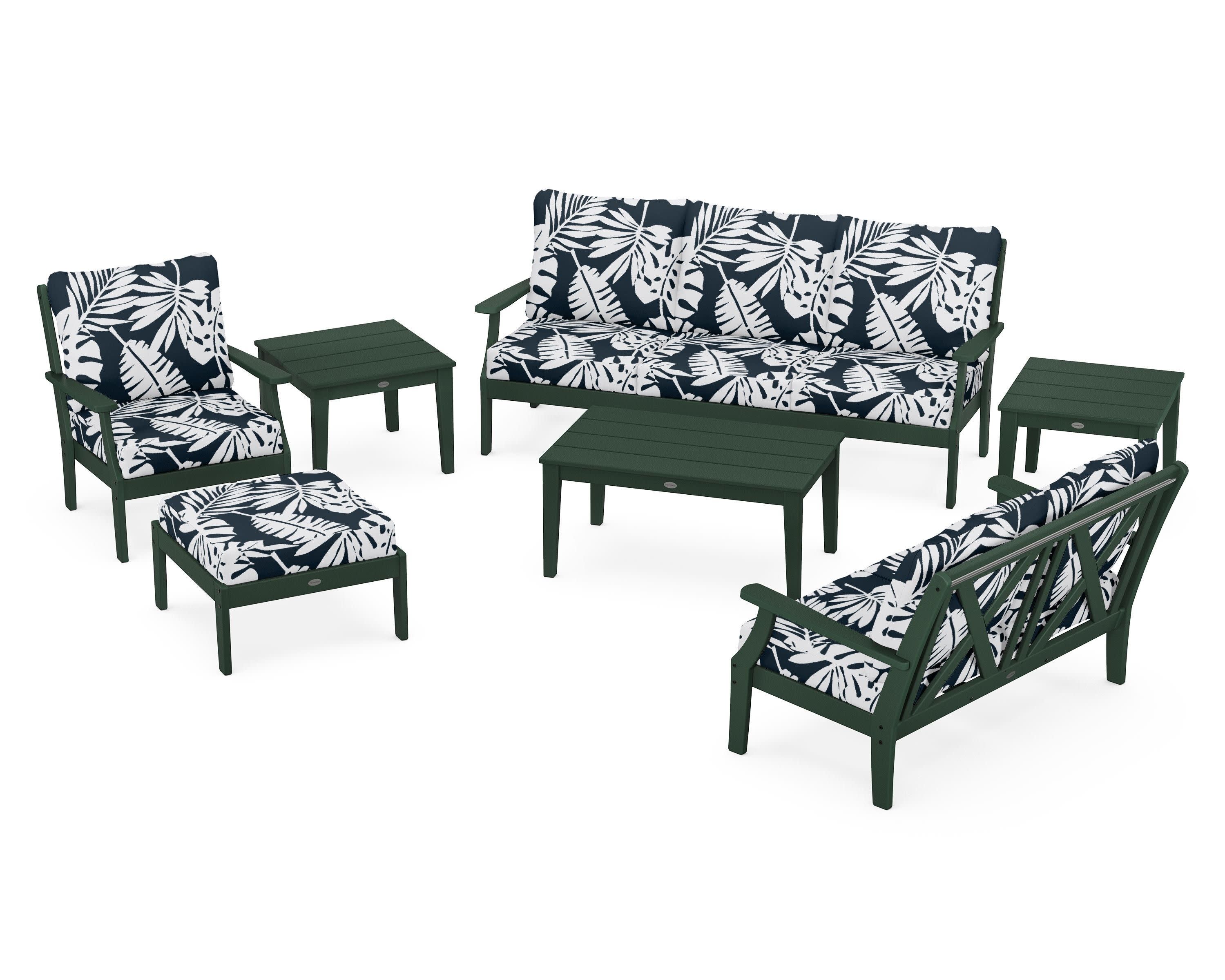 Braxton 7-Piece Deep Seating Set in Green / Leaf Marine Indigo
