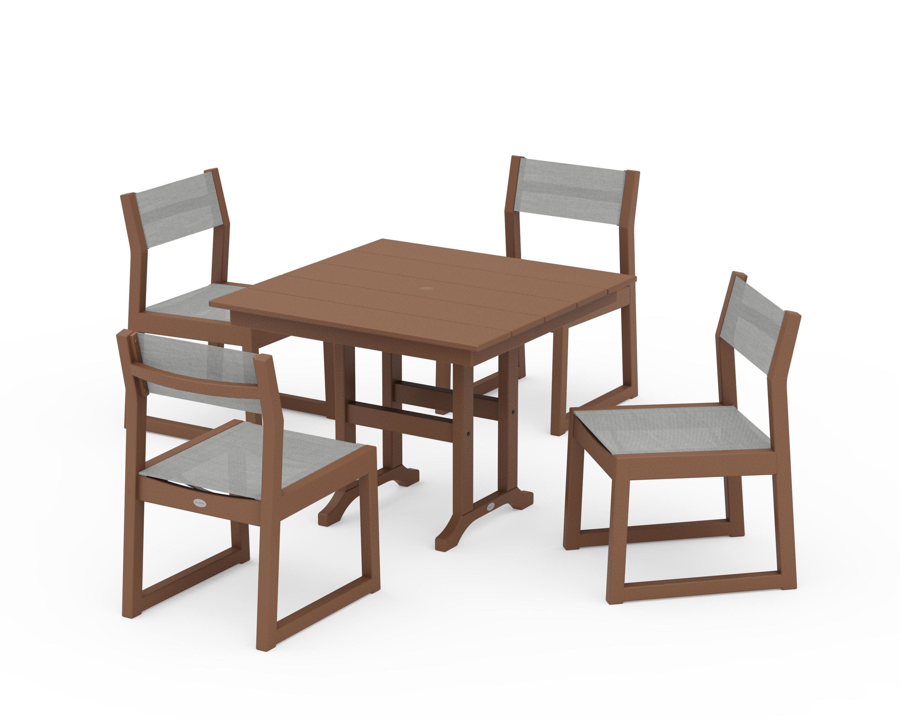 EDGE Sling Side Chair 5-Piece Farmhouse Dining Set in Teak / Metallic Sling