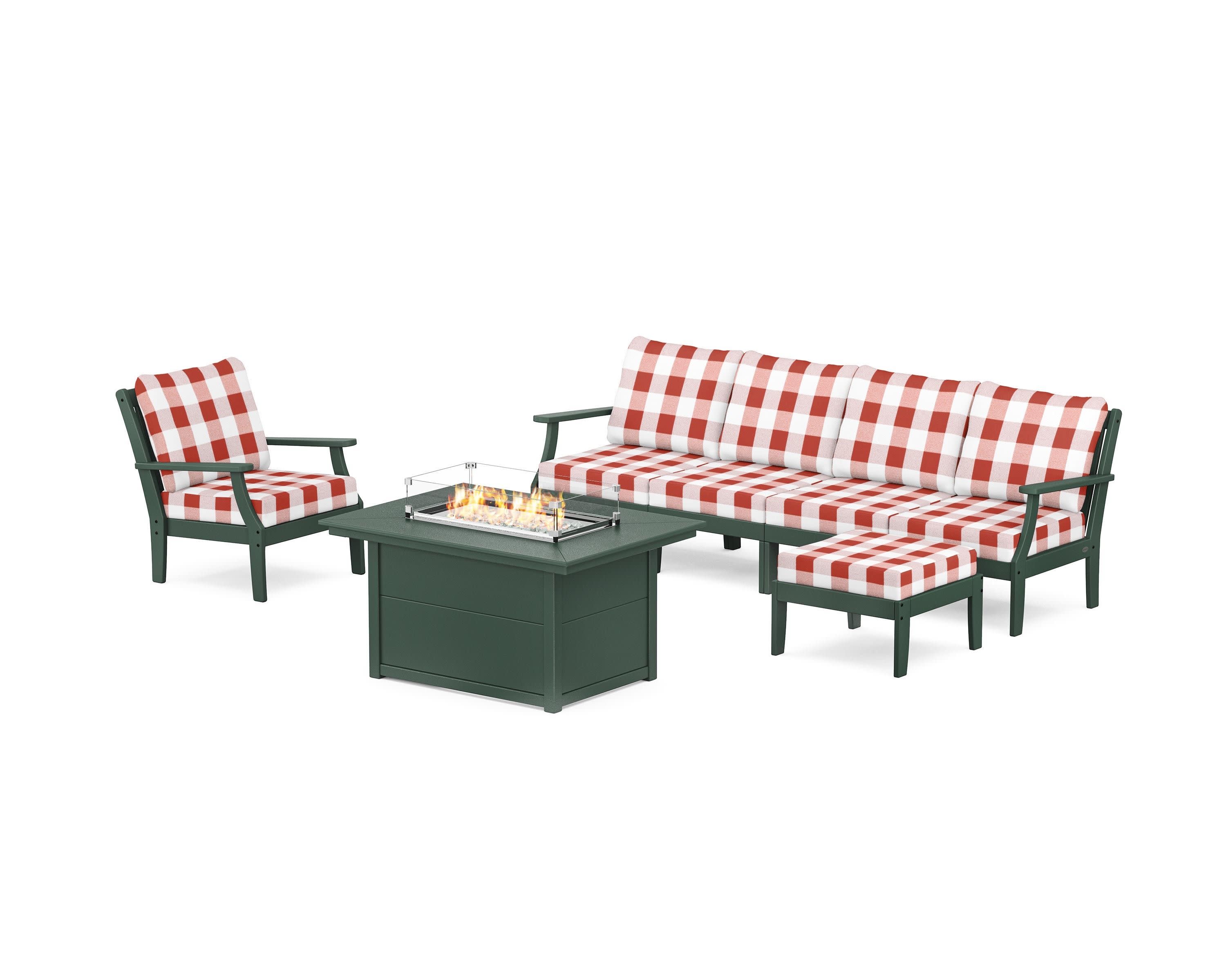 Braxton Sectional Lounge and Fire Pit Set in Green / Buffalo Plaid Crimson