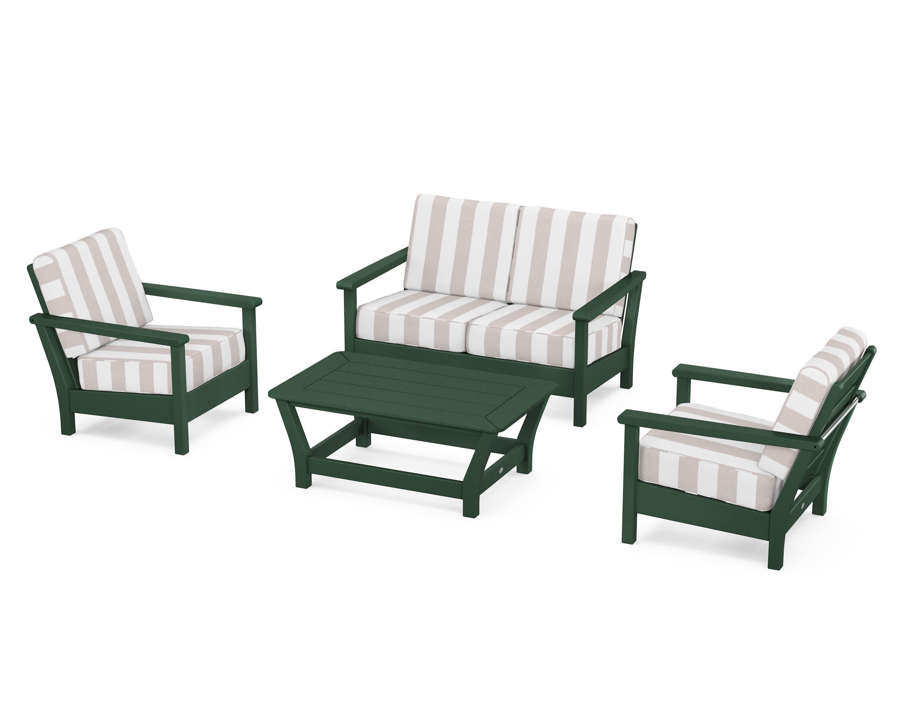 Harbour 4-Piece Deep Seating Set in Green / Cabana Stripe Dune Burlap