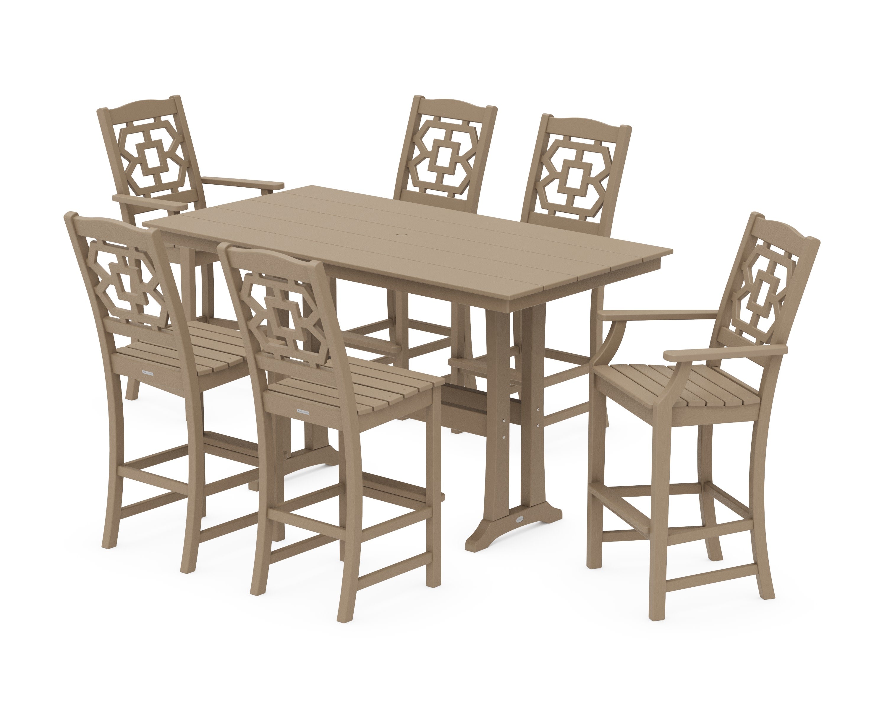 Chinoiserie 7-Piece Farmhouse Bar Set with Trestle Legs in Vintage Sahara