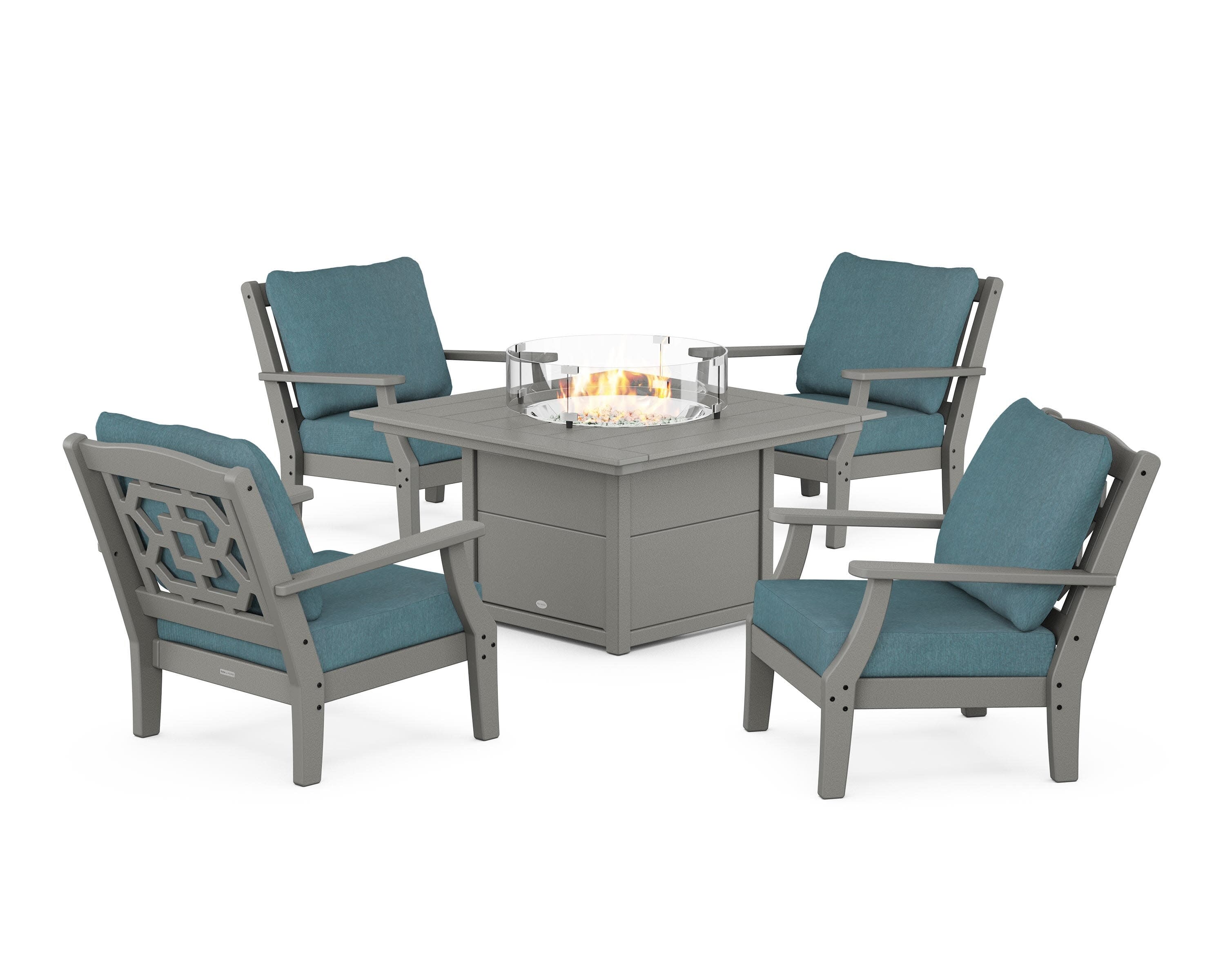 Chinoiserie 5-Piece Deep Seating Set with Fire Pit Table in Slate Grey / Ocean Teal
