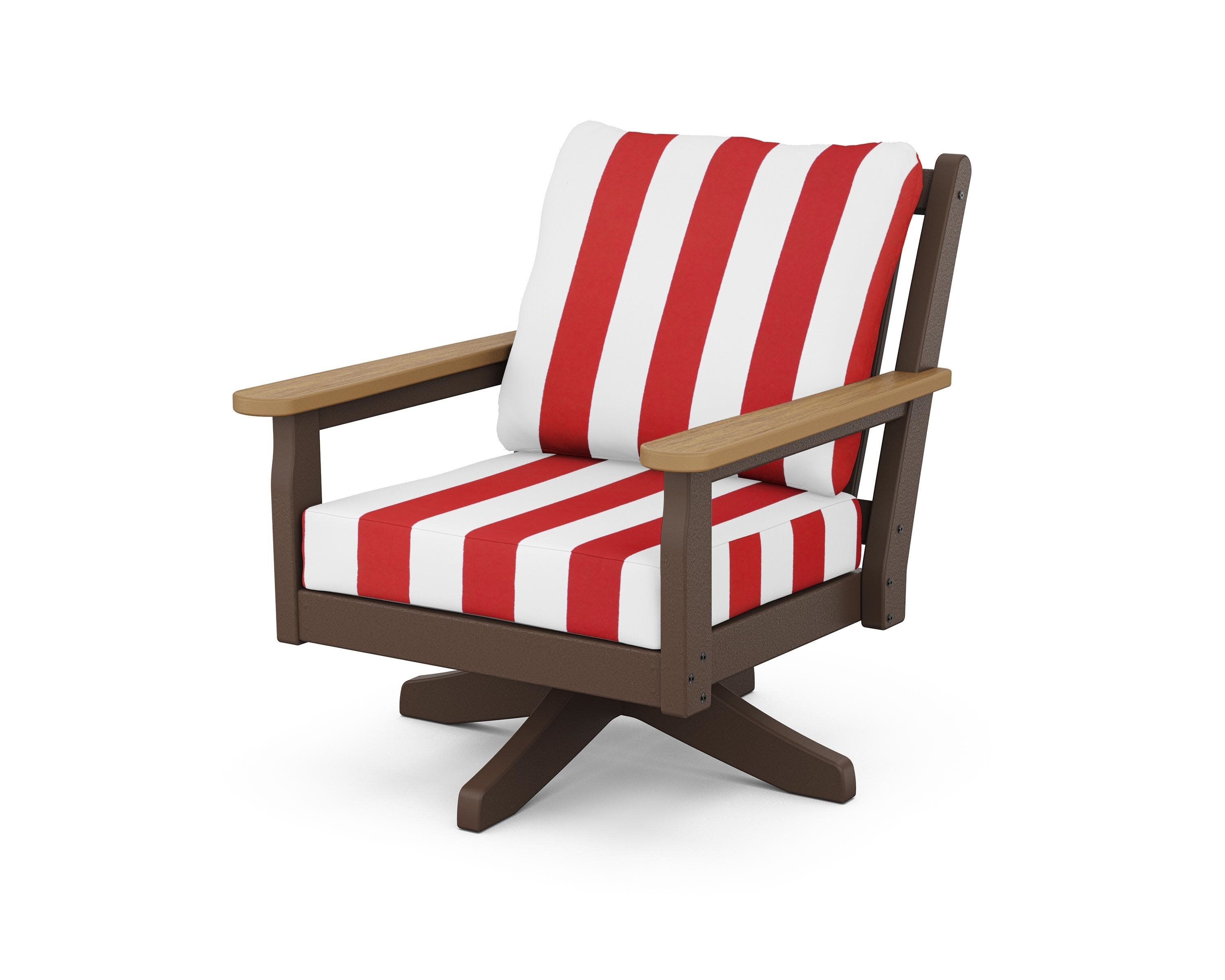 Chippendale Deep Seating Swivel Chair in Mahogany / Natural / Cabana Stripe Crimson