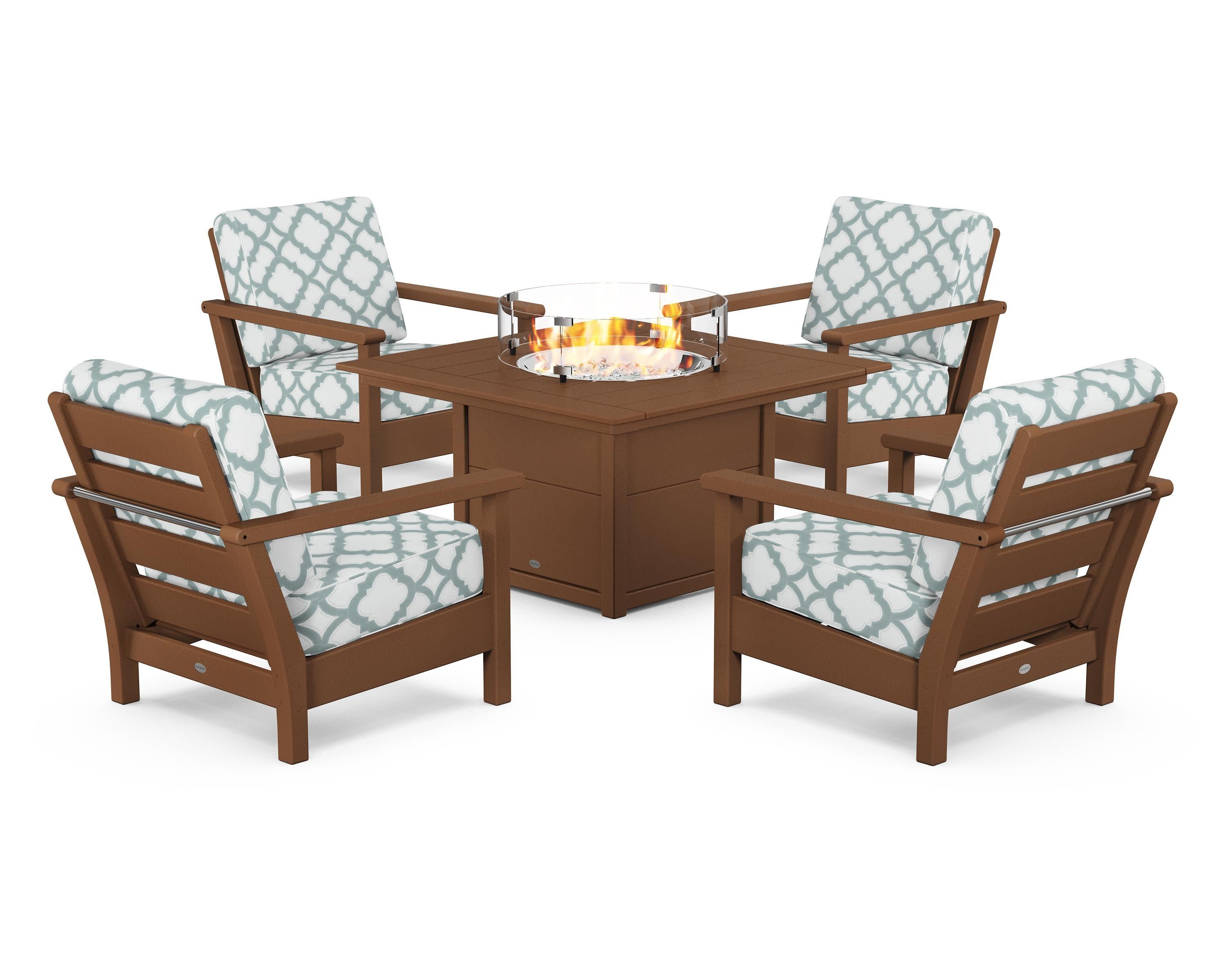 Harbour 5-Piece Conversation Set with Fire Pit Table in Teak / Trellis Glacier Spa