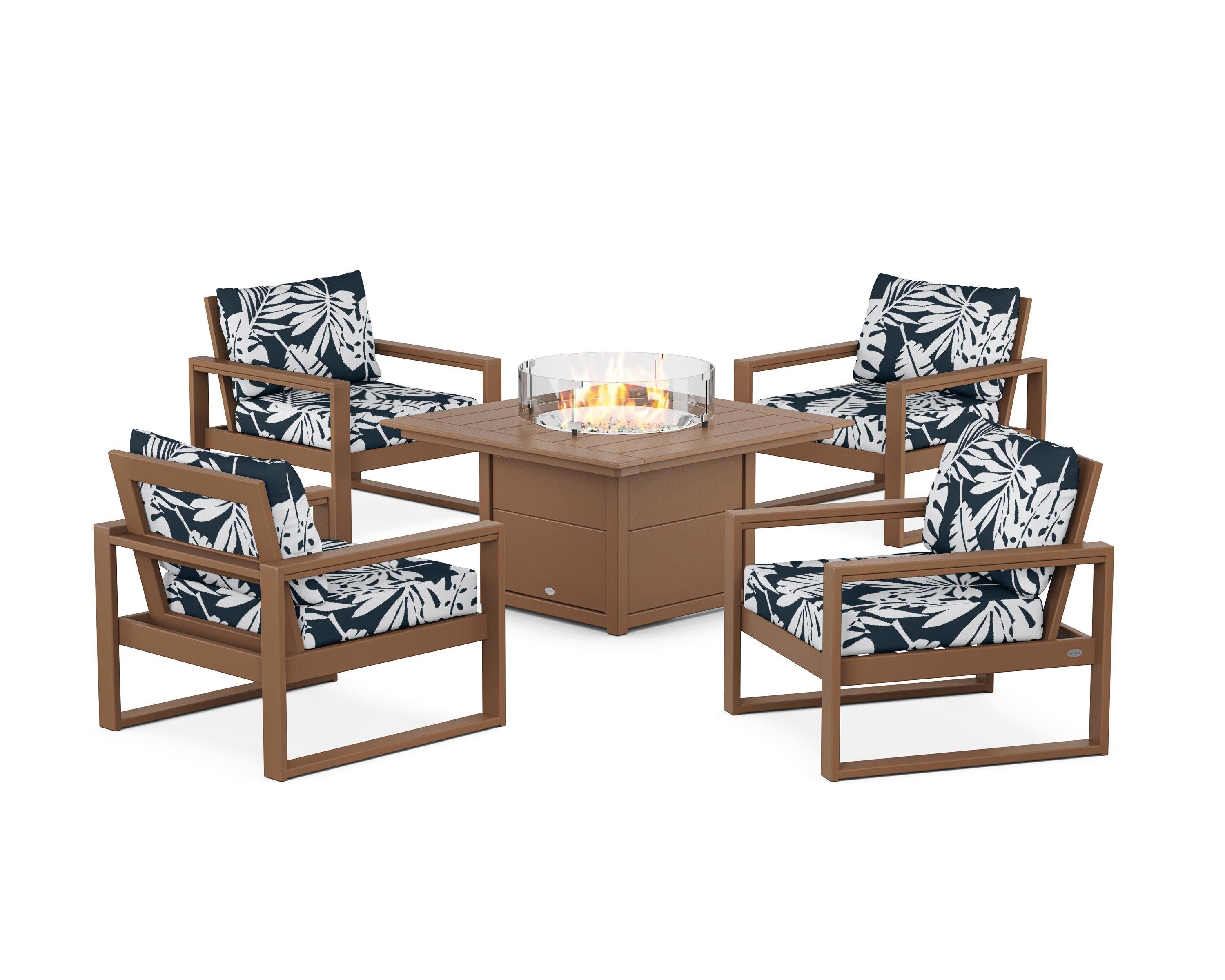 EDGE Sectional 5-Piece Deep Seating Set with Fire Pit Table in Teak / Leaf Marine Indigo