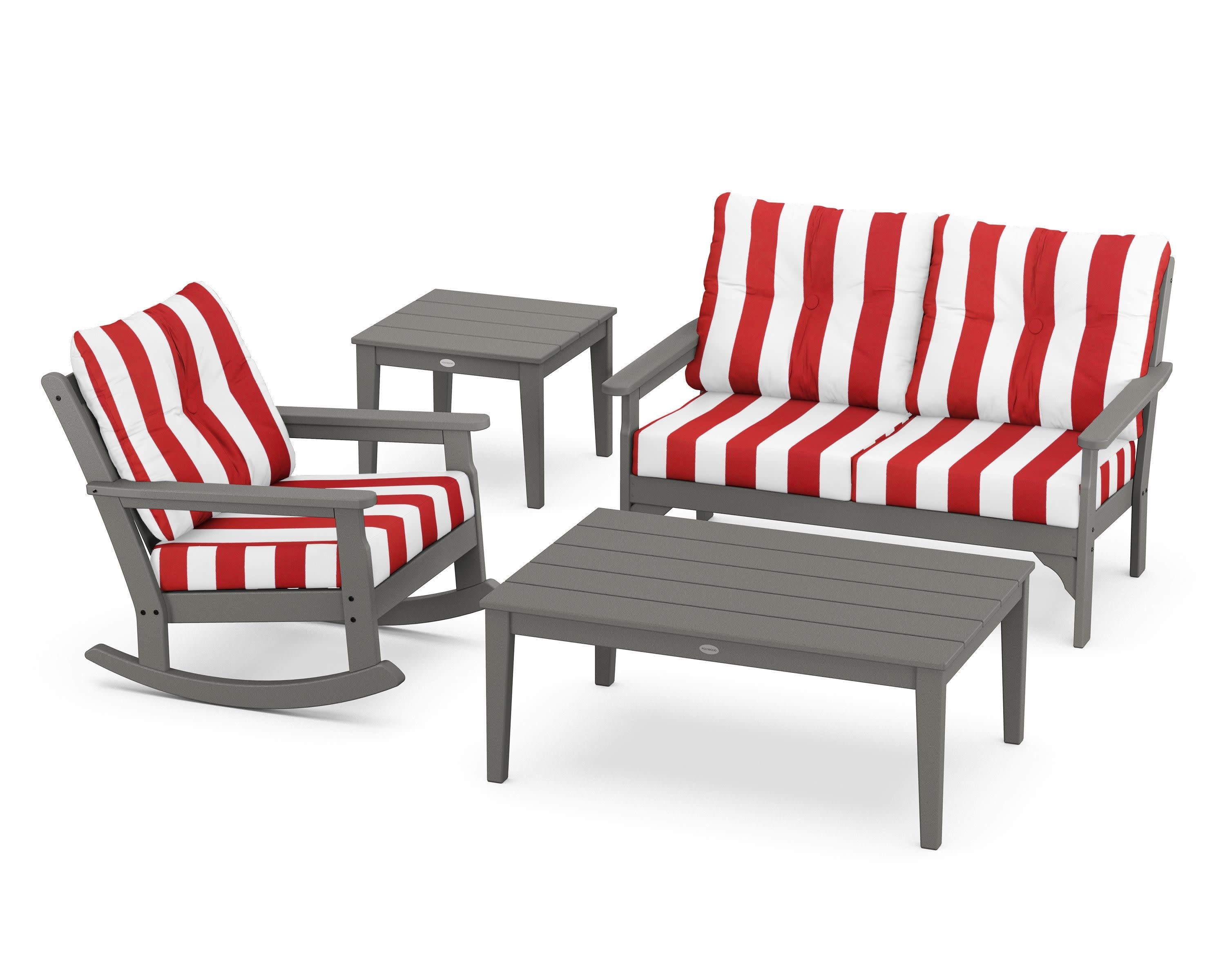 Vineyard 4-Piece Deep Seating Rocker Set in Slate Grey / Cabana Stripe Crimson