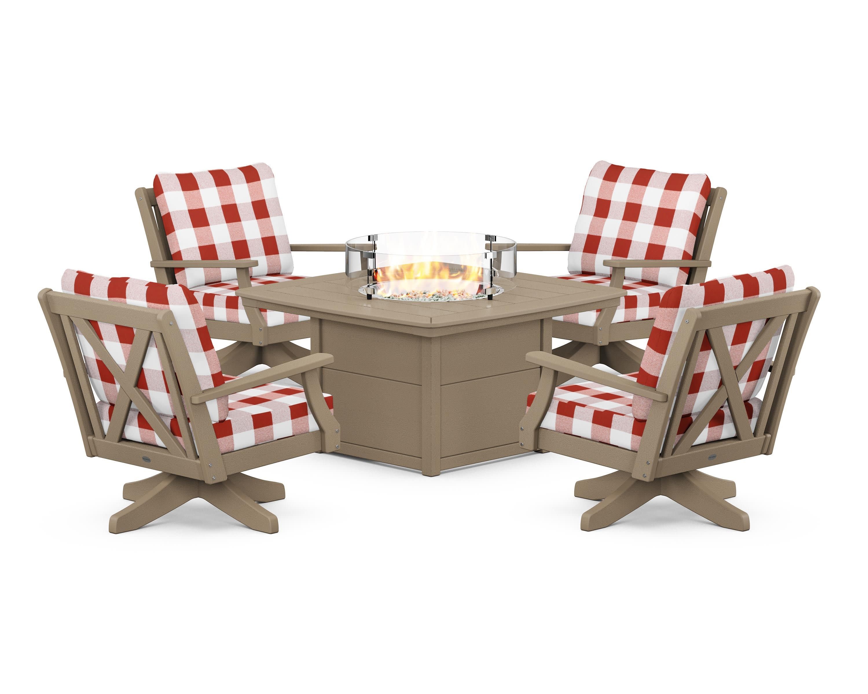 Braxton 5-Piece Deep Seating Swivel Conversation Set with Fire Pit Table in Vintage Sahara / Buffalo Plaid Crimson