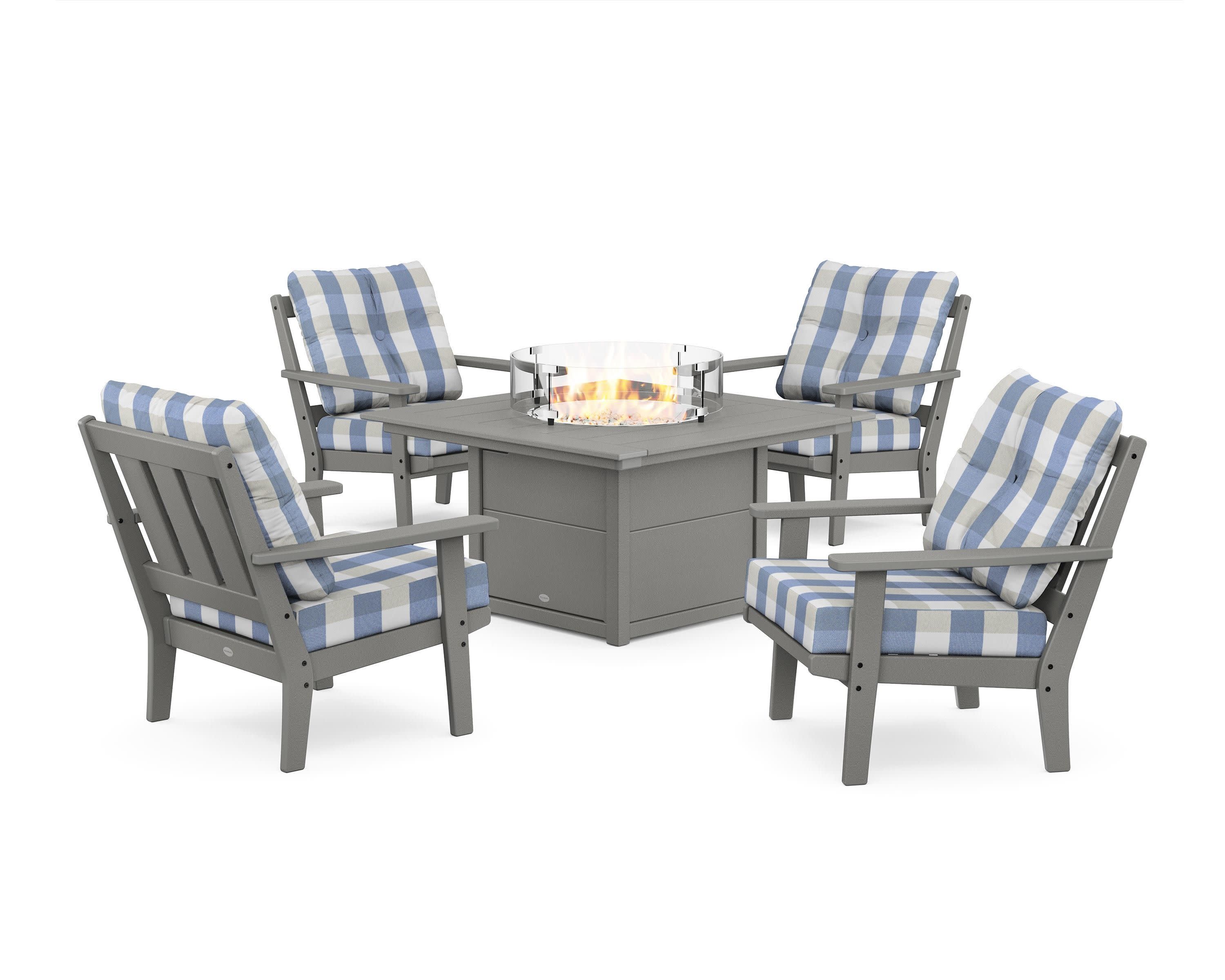 Oxford 5-Piece Deep Seating Set with Fire Pit Table in Slate Grey / Buffalo Plaid Sky Blue