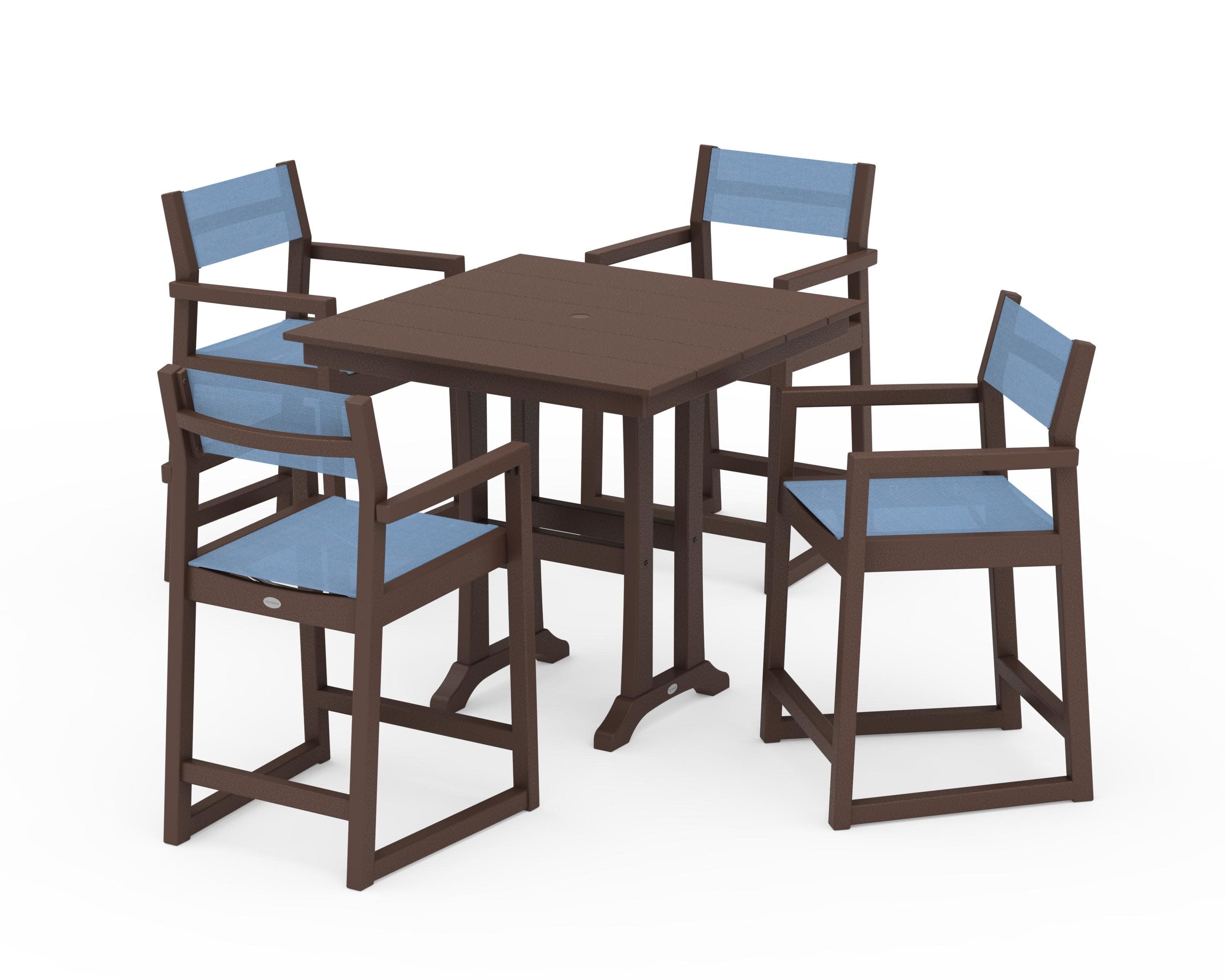 EDGE Sling Arm Chair 5-Piece Farmhouse Counter Set with Trestle Legs in Mahogany / Poolside Sling
