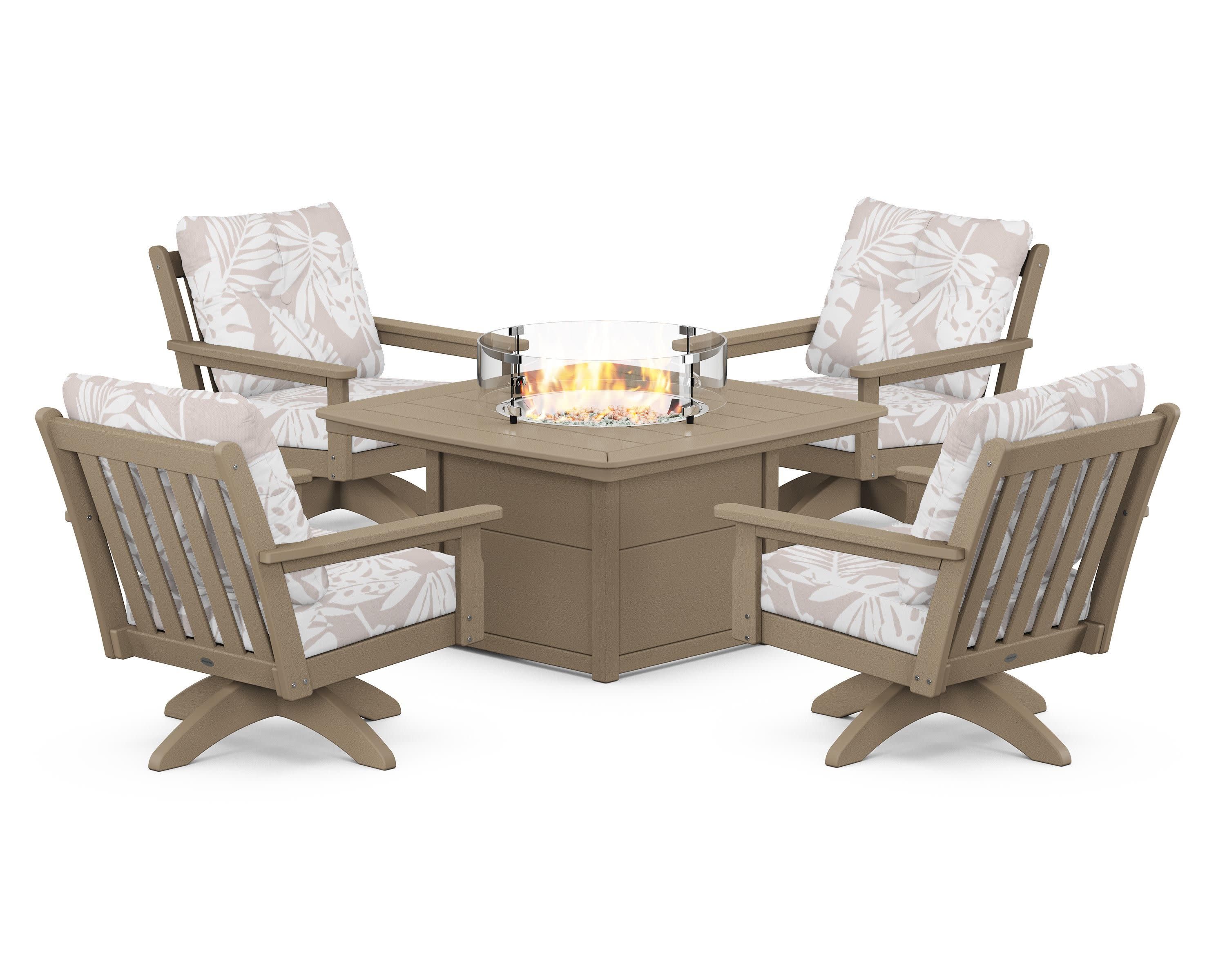 Vineyard 5-Piece Deep Seating Swivel Conversation Set with Fire Pit Table in Vintage Sahara / Leaf Dune Burlap