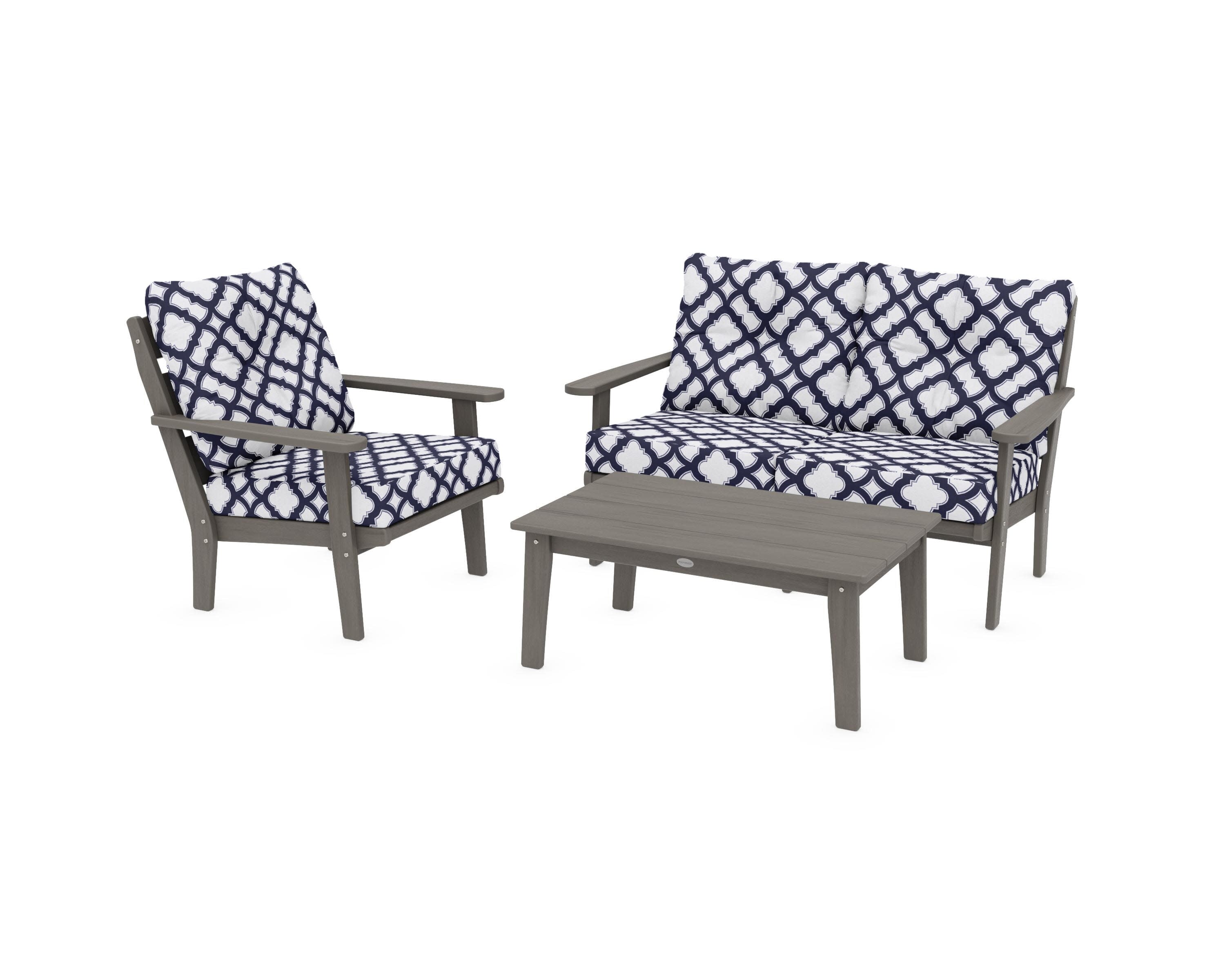 Lakeside 3-Piece Deep Seating Set in Driftwood / Trellis Navy