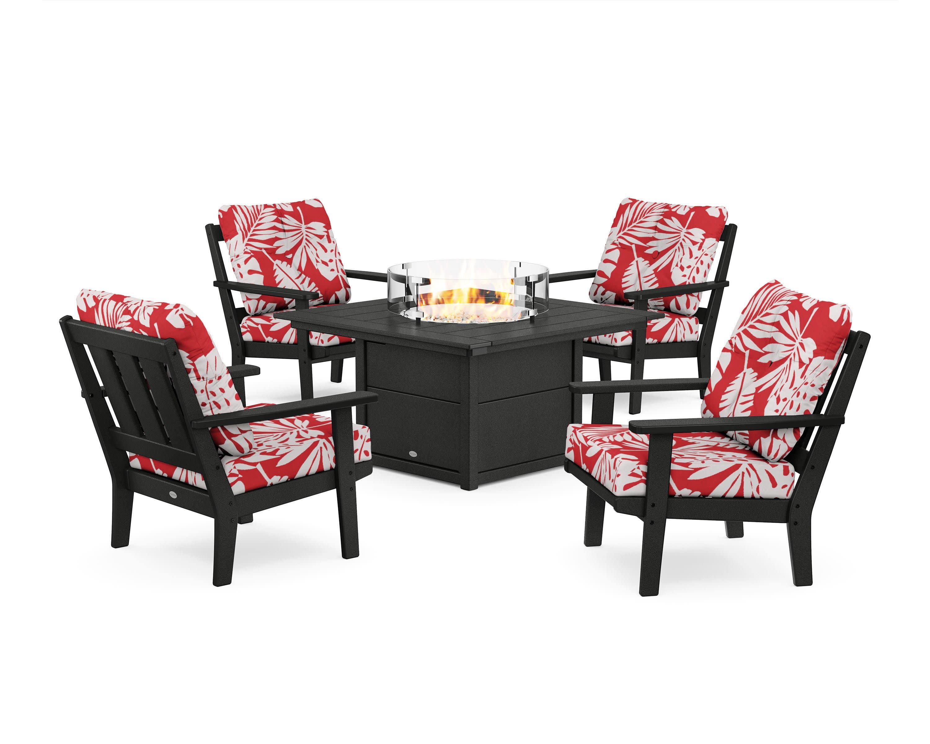 Oxford 5-Piece Deep Seating Set with Fire Pit Table in Black / Leaf Crimson